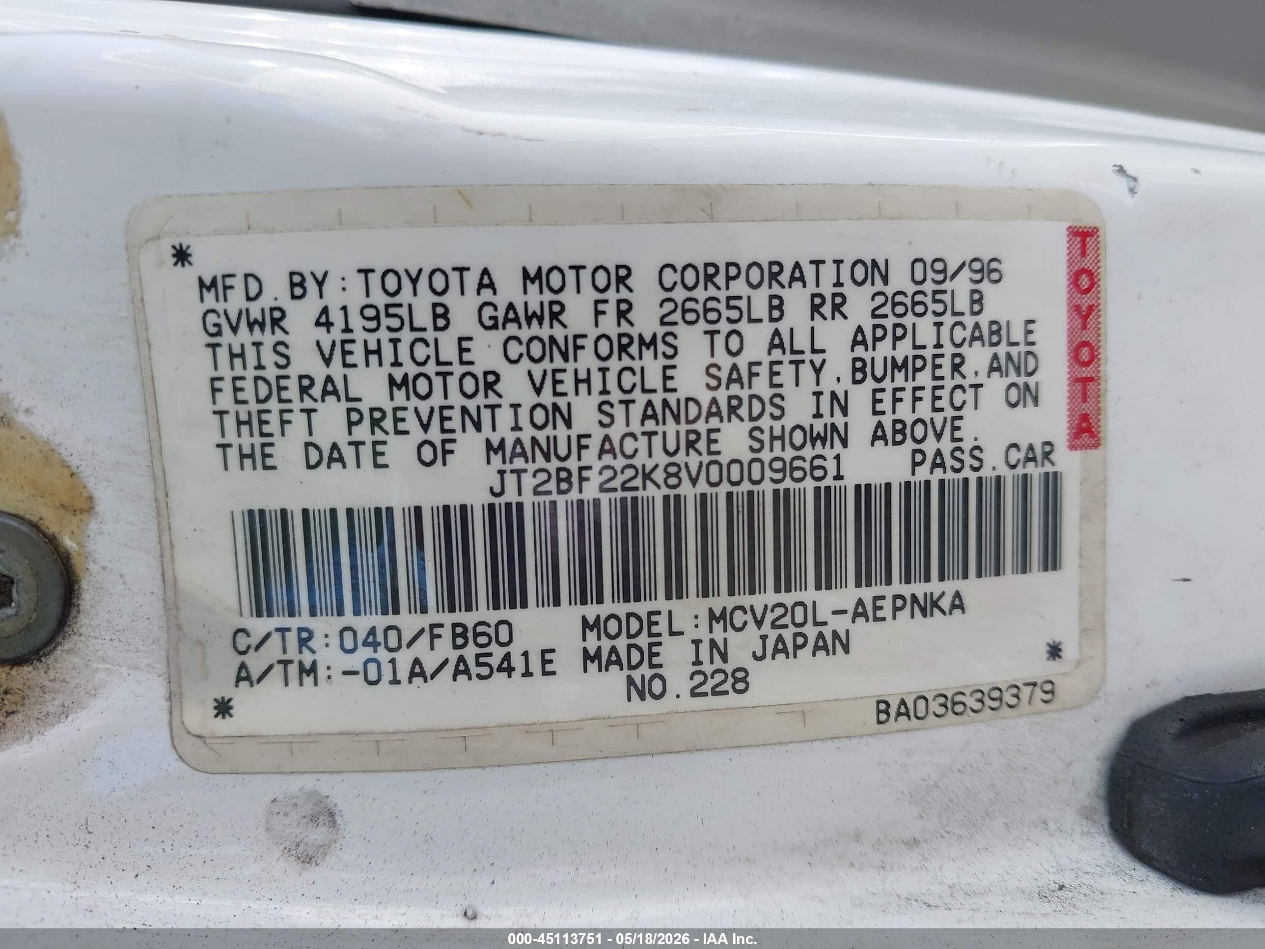 1997 Toyota Camry Le V6/xle V6 White vin: JT2BF22K8V0009661
