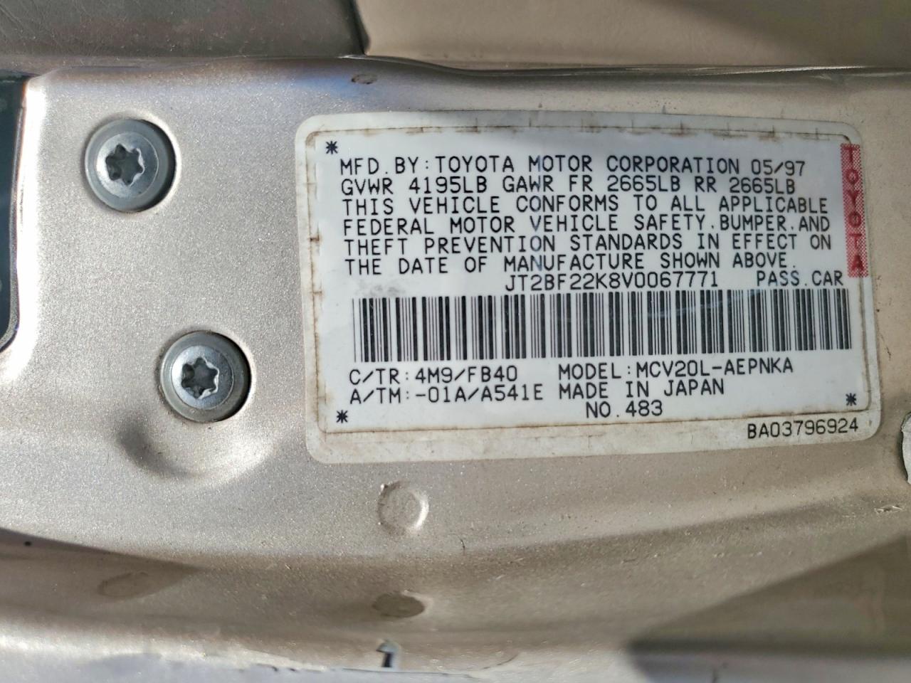 1997 Toyota Camry Le V6 Gold vin: JT2BF22K8V0067771