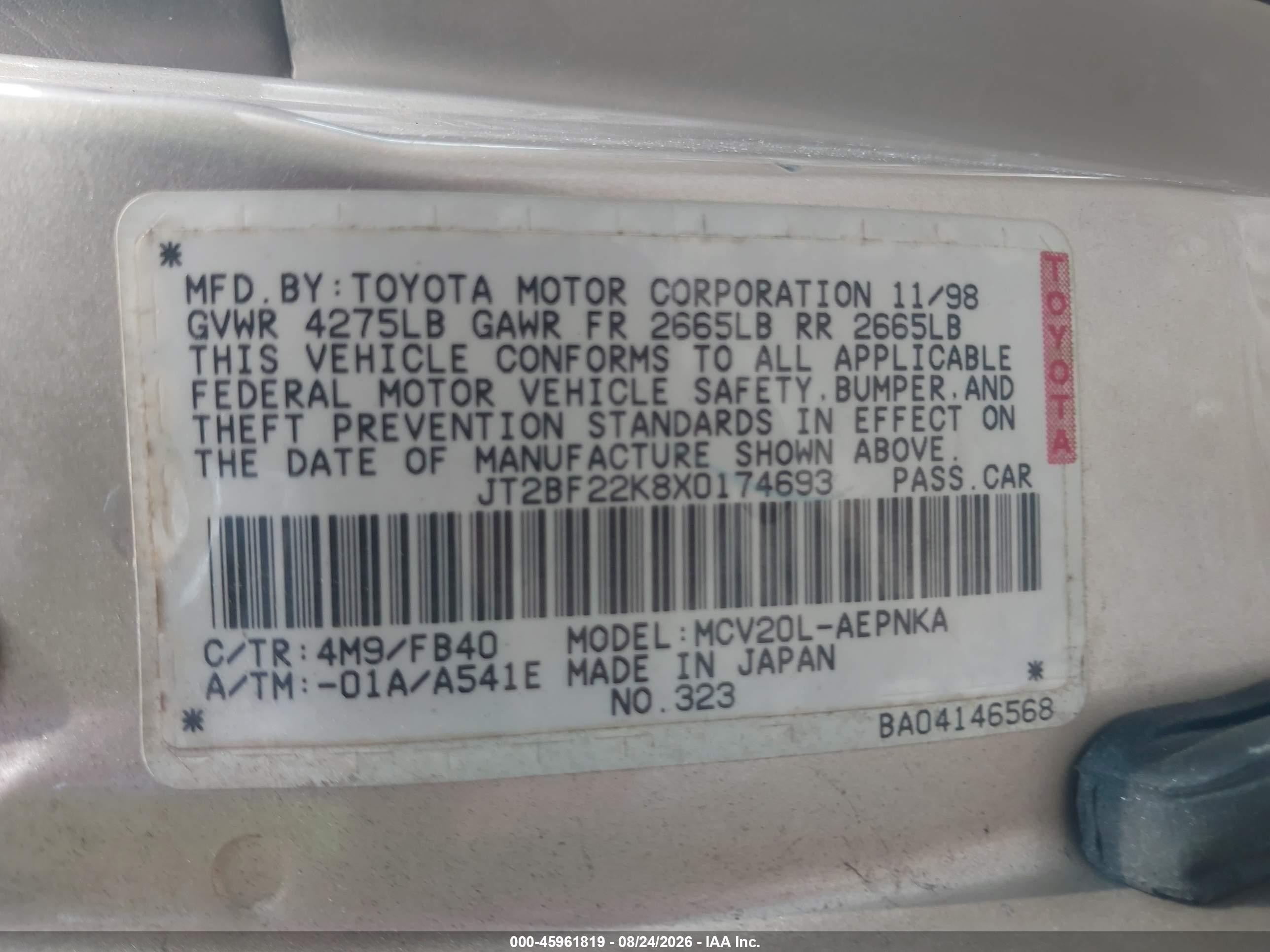 1999 Toyota Camry Le V6 Gold vin: JT2BF22K8X0174693