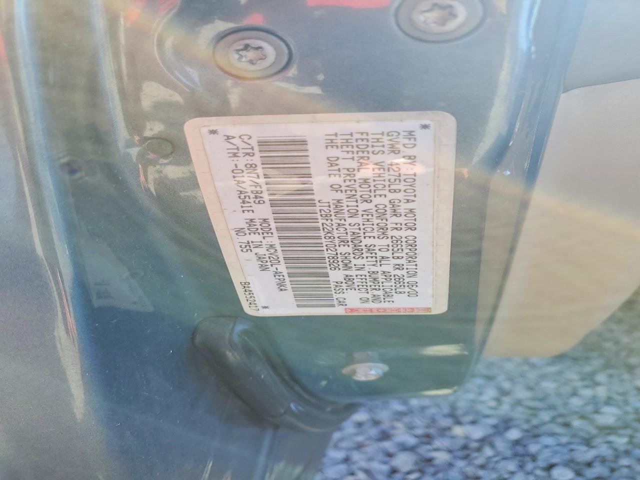 2000 Toyota Camry Le V6 Blue vin: JT2BF22K8Y0278926
