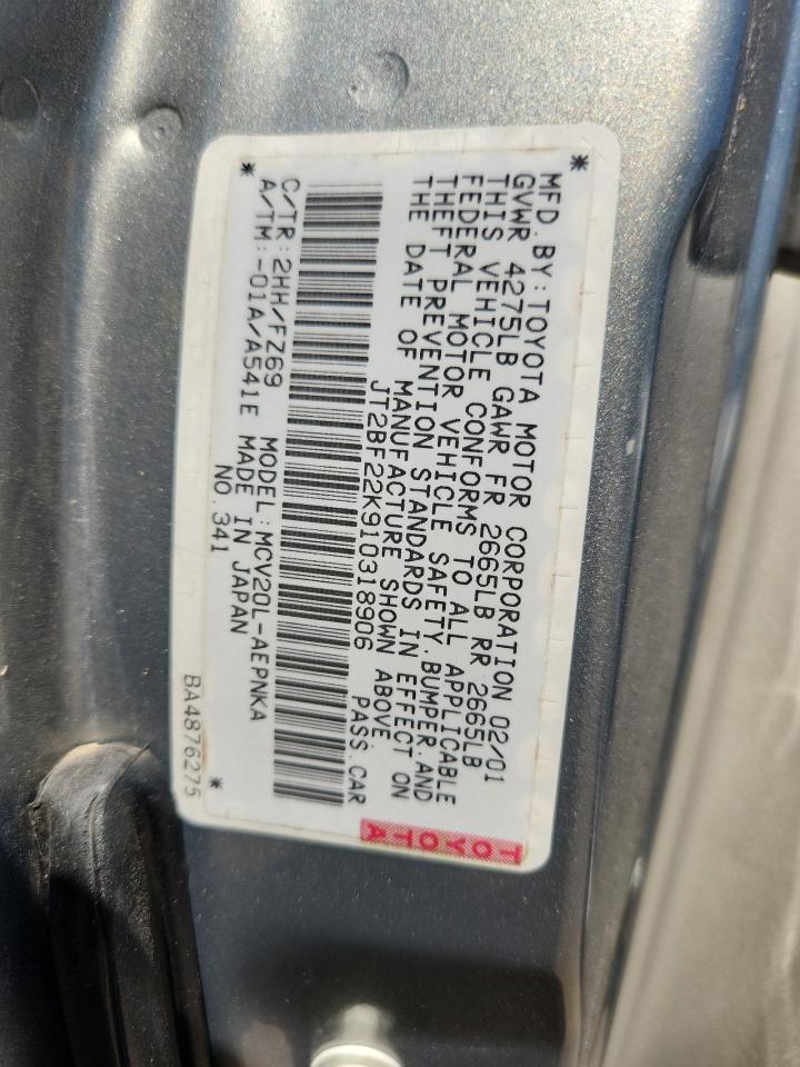 2001 Toyota Camry Gray vin: JT2BF22K910318906