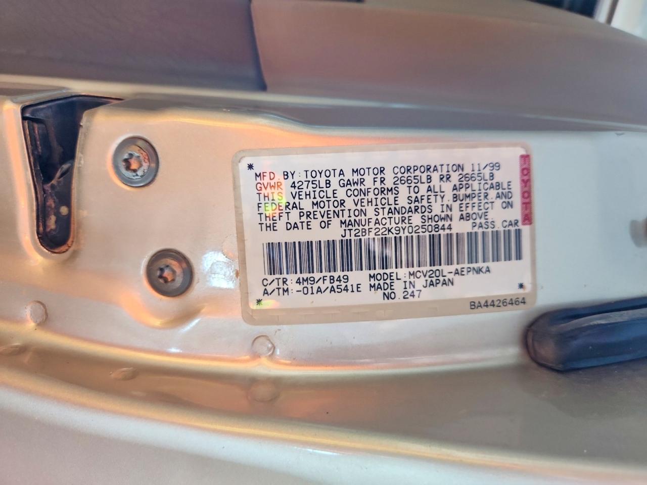 2000 Toyota Camry Le V6 Tan vin: JT2BF22K9Y0250844