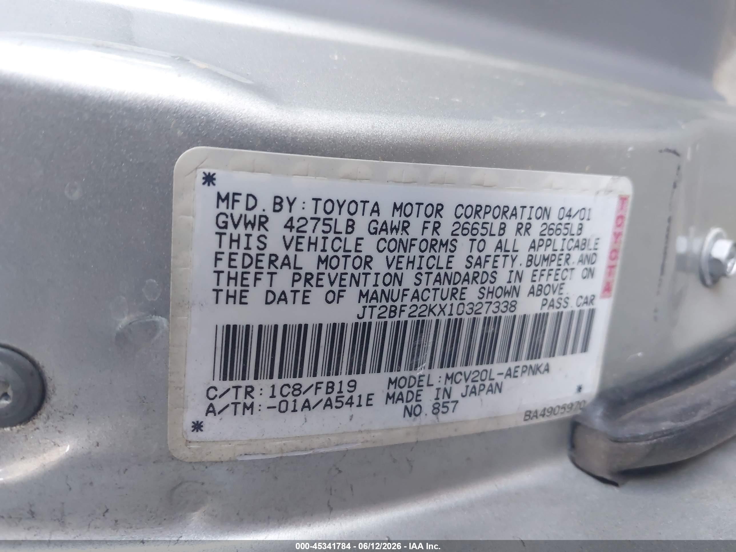2001 Toyota Camry Le V6 Silver vin: JT2BF22KX10327338