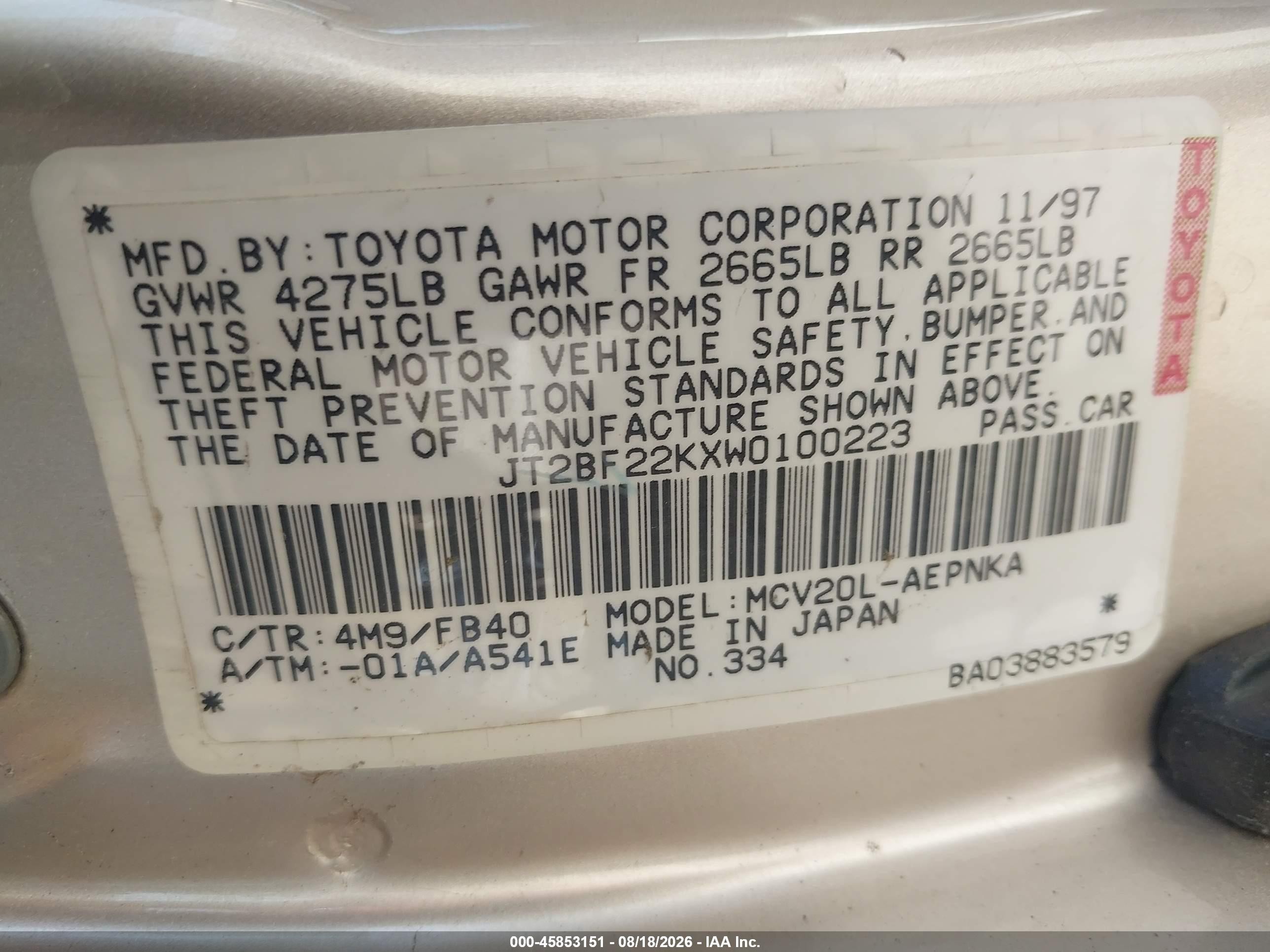 1998 Toyota Camry Le V6 Желто-коричневый vin: JT2BF22KXW0100223