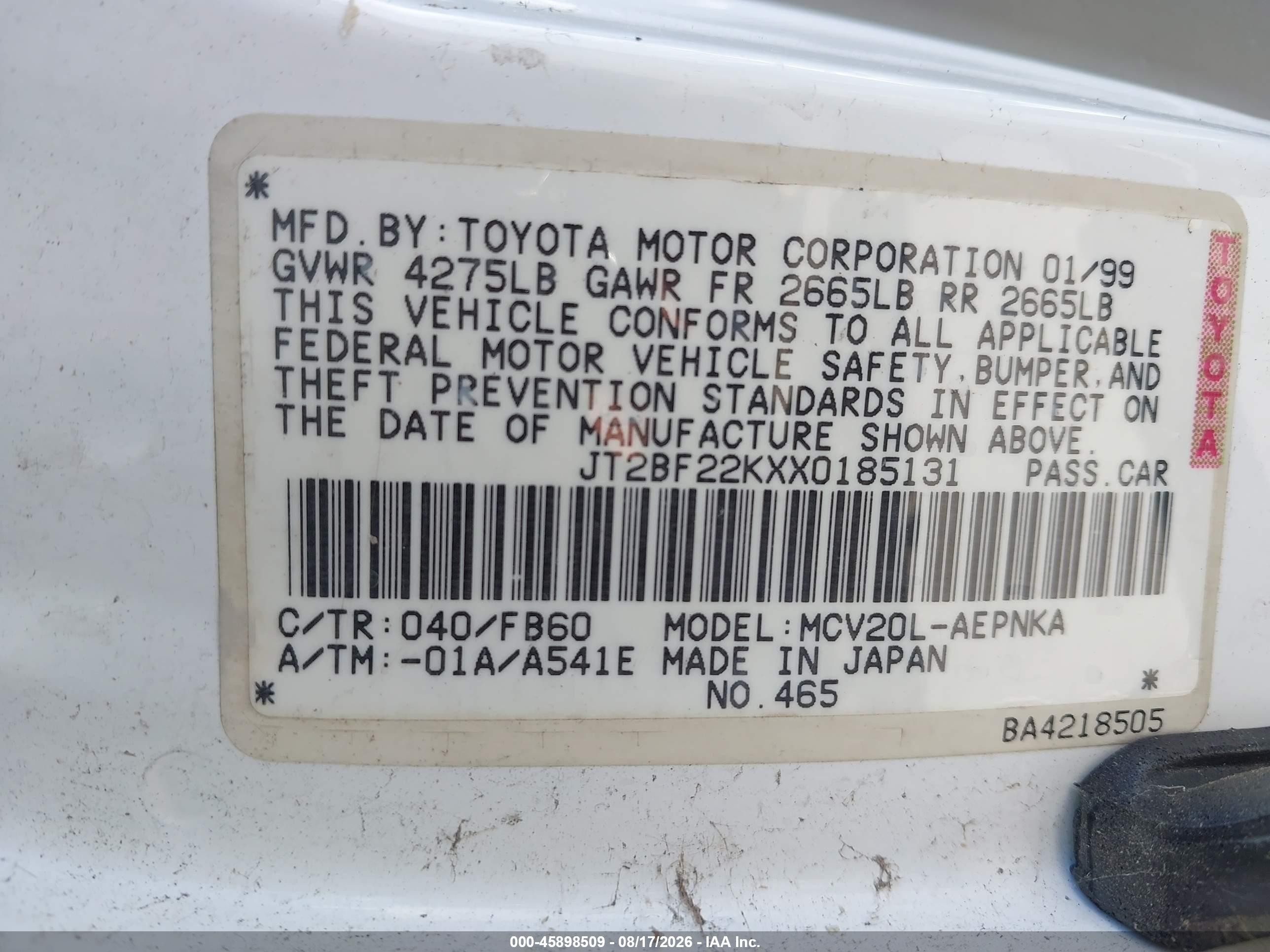 1999 Toyota Camry Le V6 Белый vin: JT2BF22KXX0185131