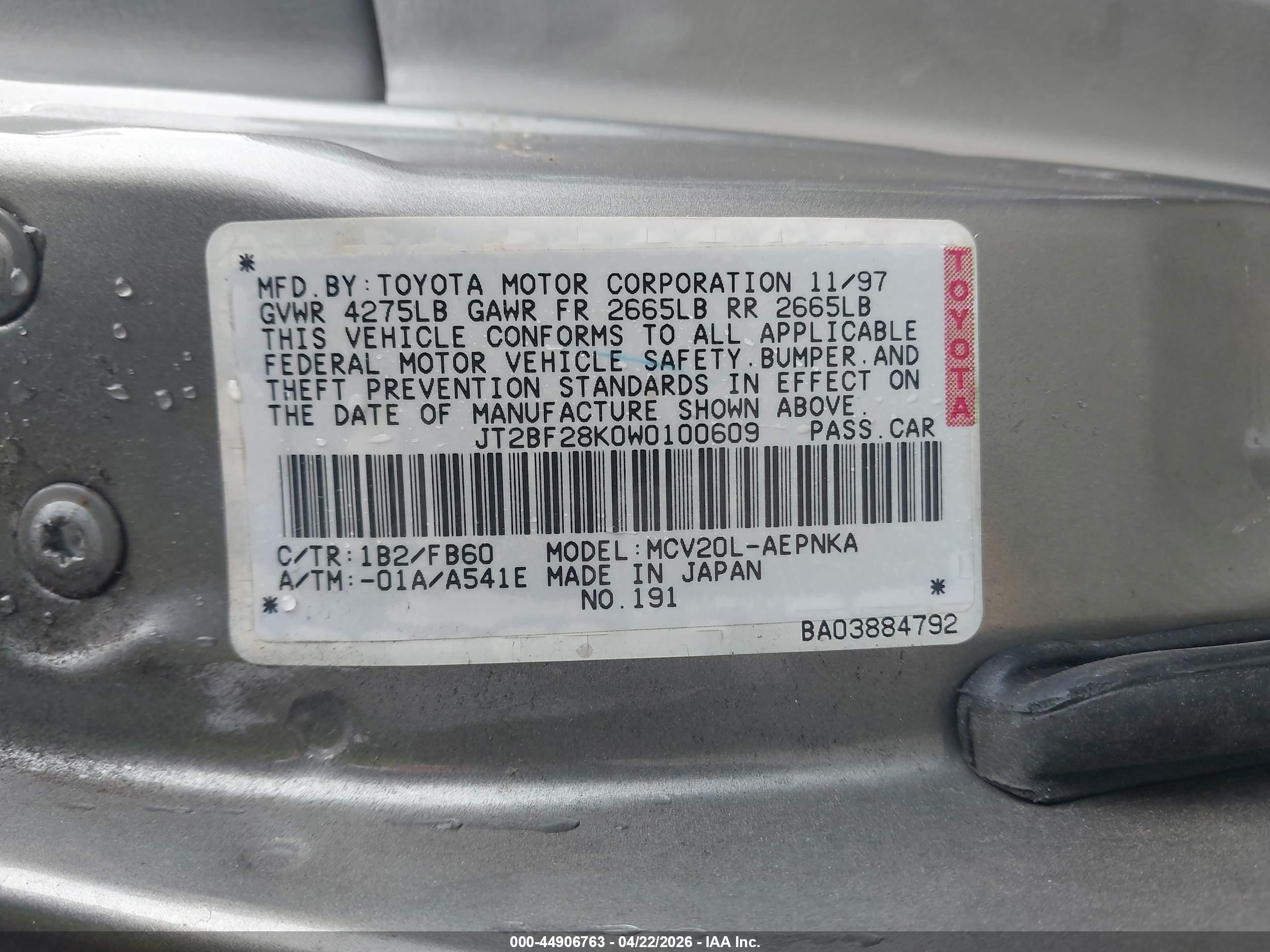 1998 Toyota Camry Le V6 Gray vin: JT2BF28K0W0100609