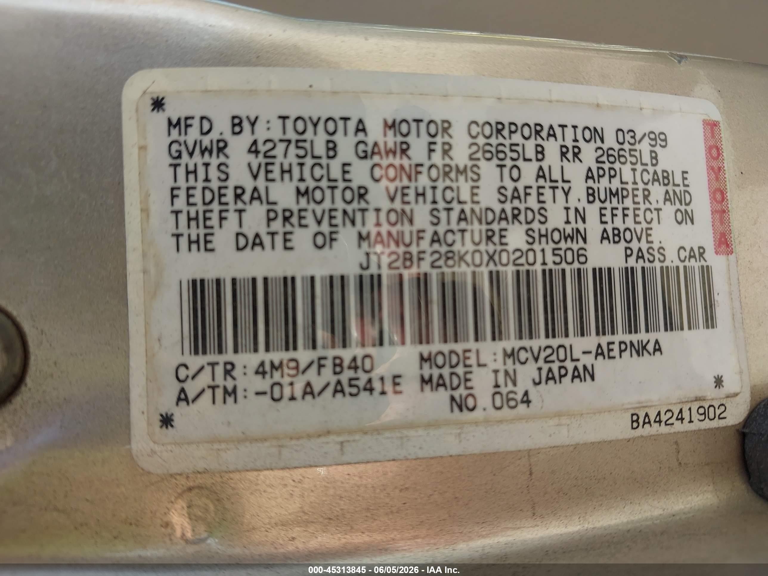 1999 Toyota Camry Le V6 Бежевый vin: JT2BF28K0X0201506