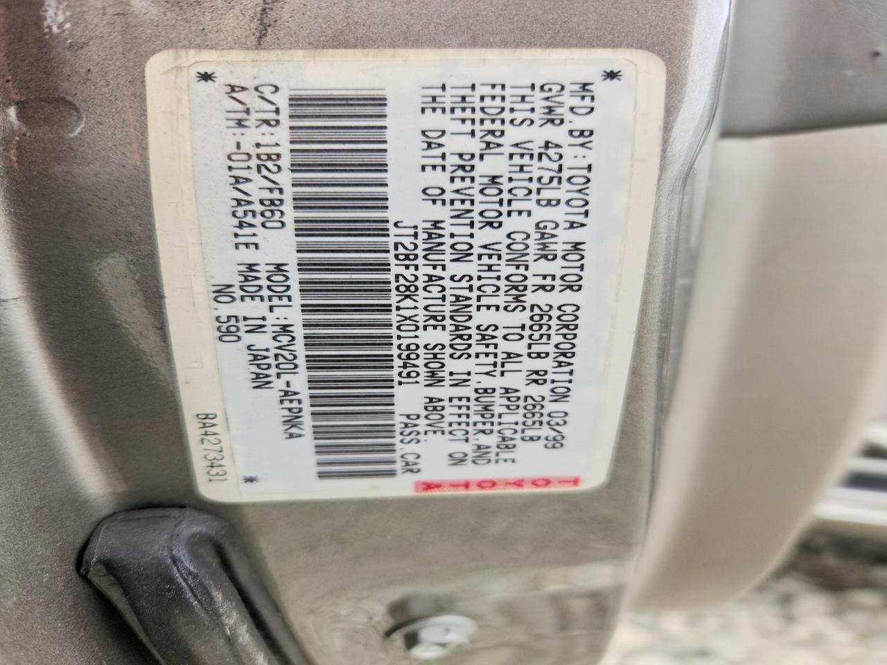 1999 Toyota Camry Le V6 Gray vin: JT2BF28K1X0199491