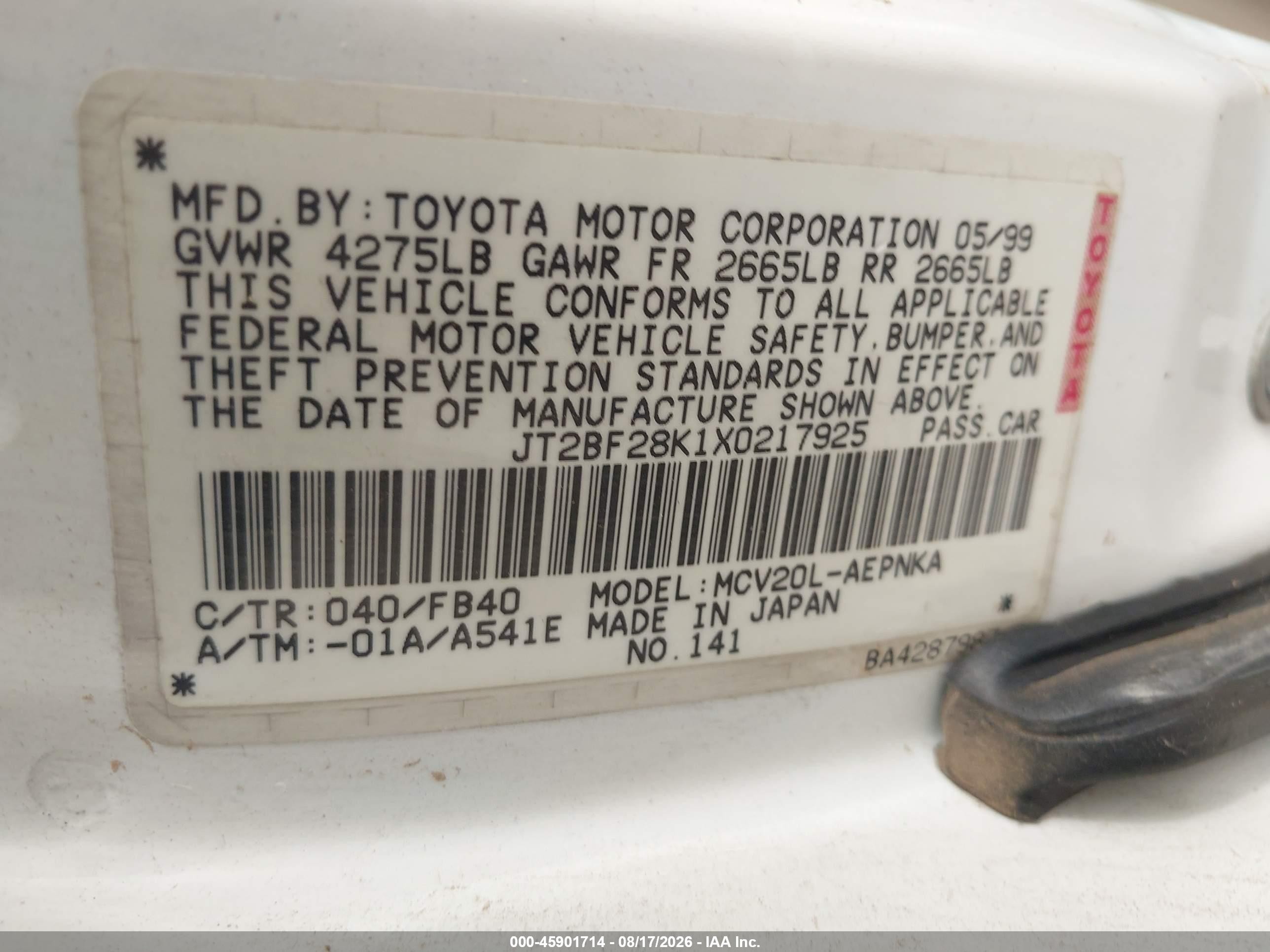 1999 Toyota Camry Le V6 Белый vin: JT2BF28K1X0217925