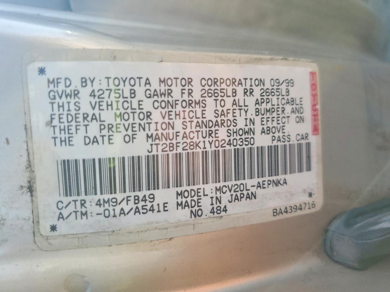 2000 Toyota Camry Le V6 Tan vin: JT2BF28K1Y0240350