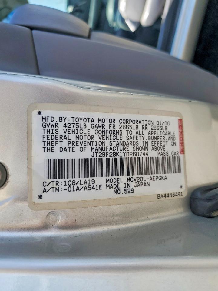 2000 Toyota Camry Xle V6 Silver vin: JT2BF28K1Y0260744