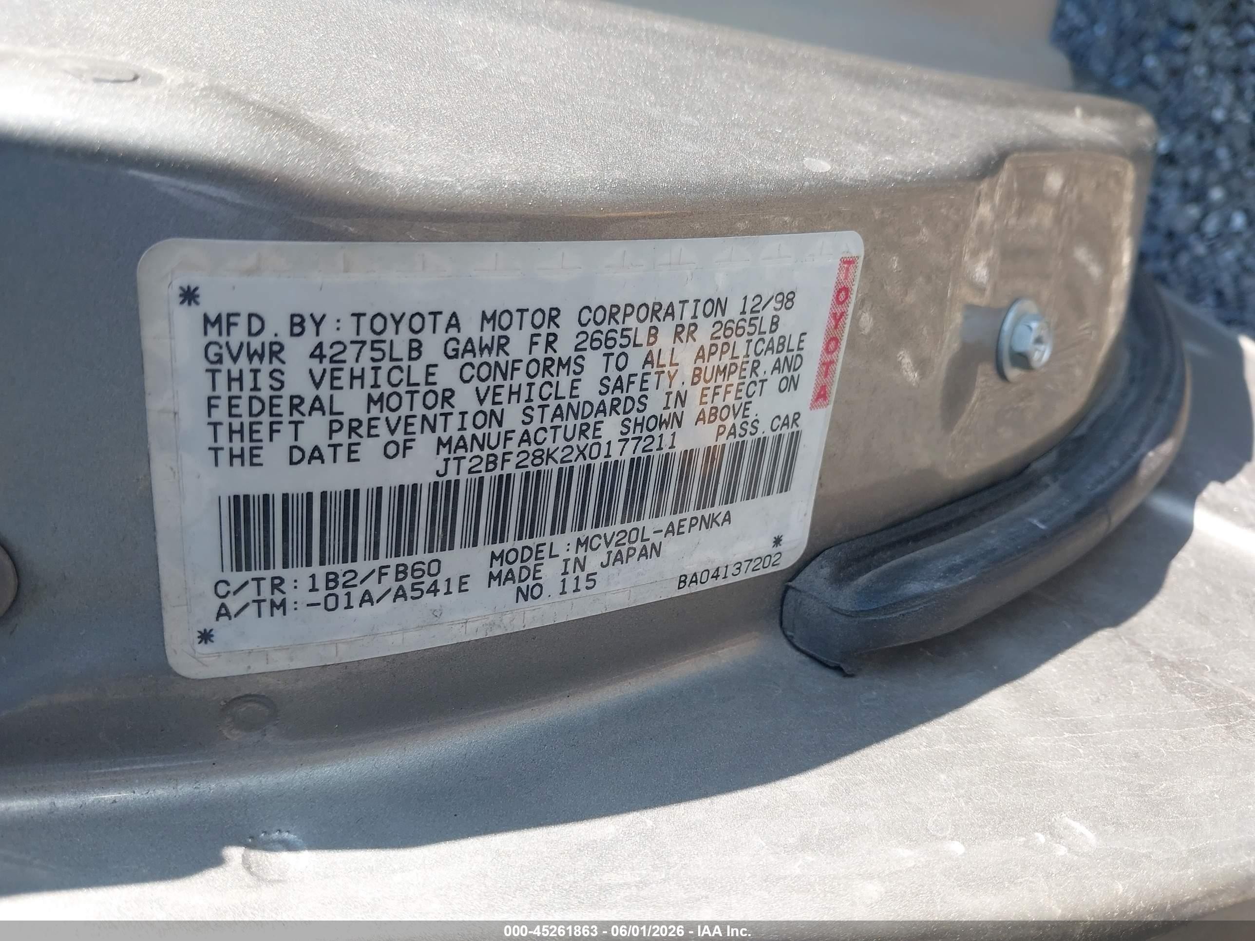1999 Toyota Camry Le V6 Beige vin: JT2BF28K2X0177211