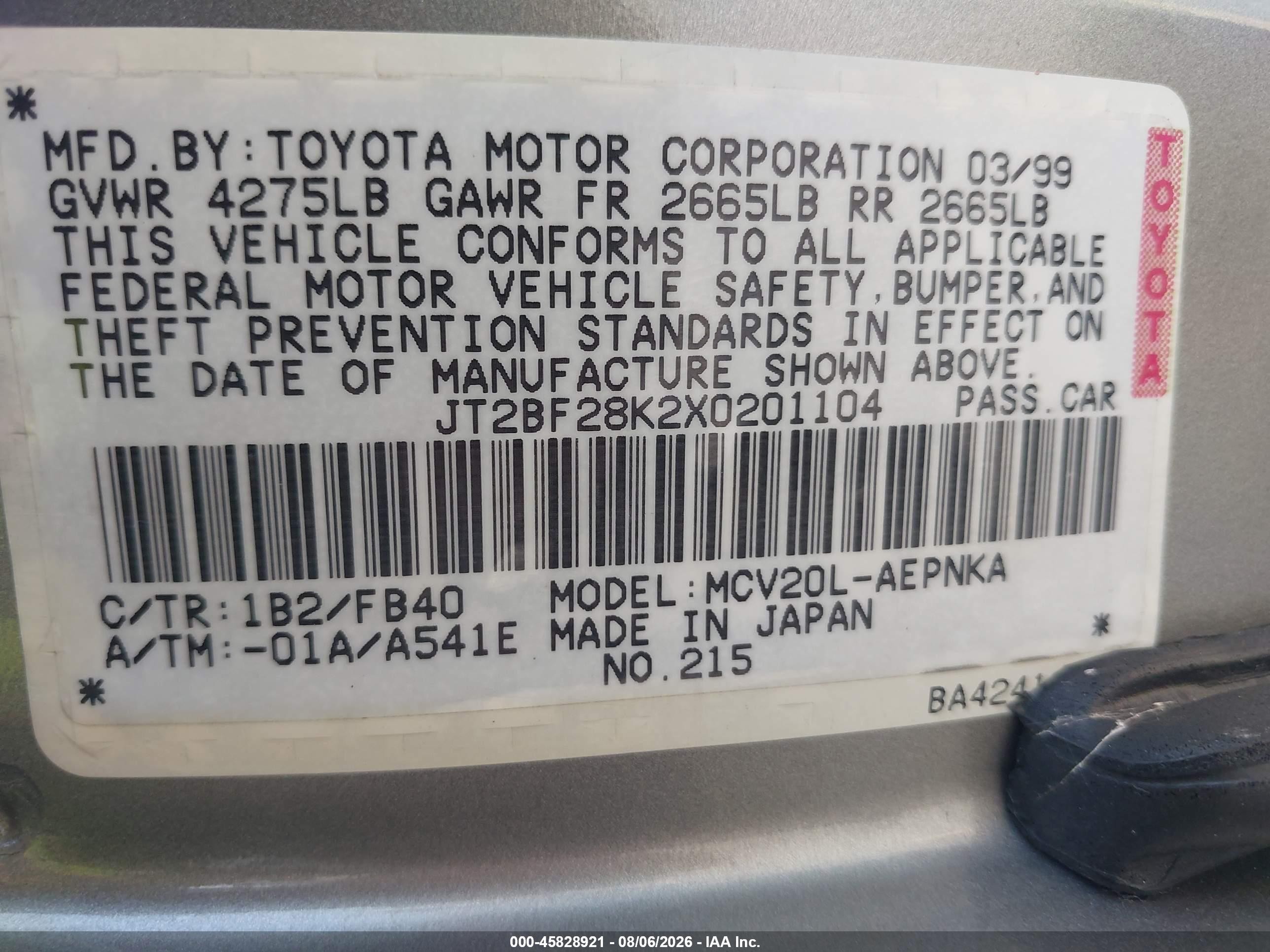 1999 Toyota Camry Le V6 Gray vin: JT2BF28K2X0201104