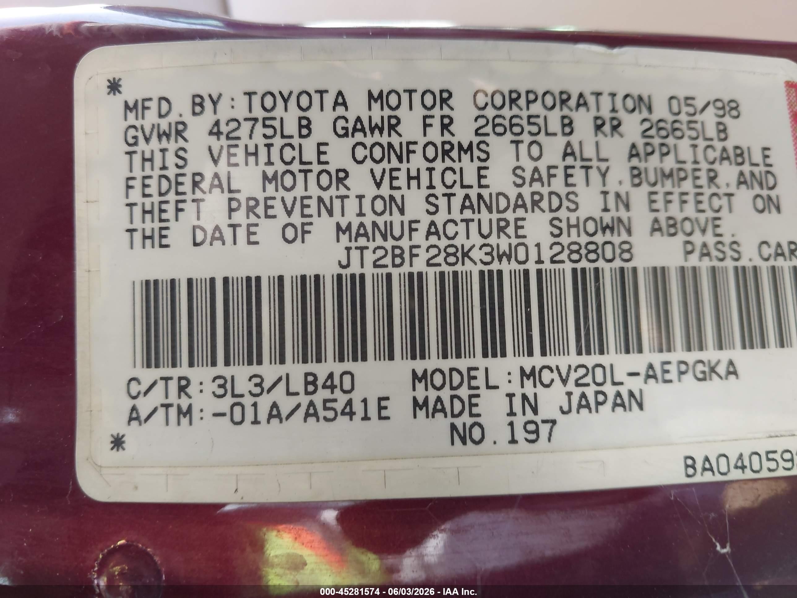 1998 Toyota Camry Xle V6 Burgundy vin: JT2BF28K3W0128808