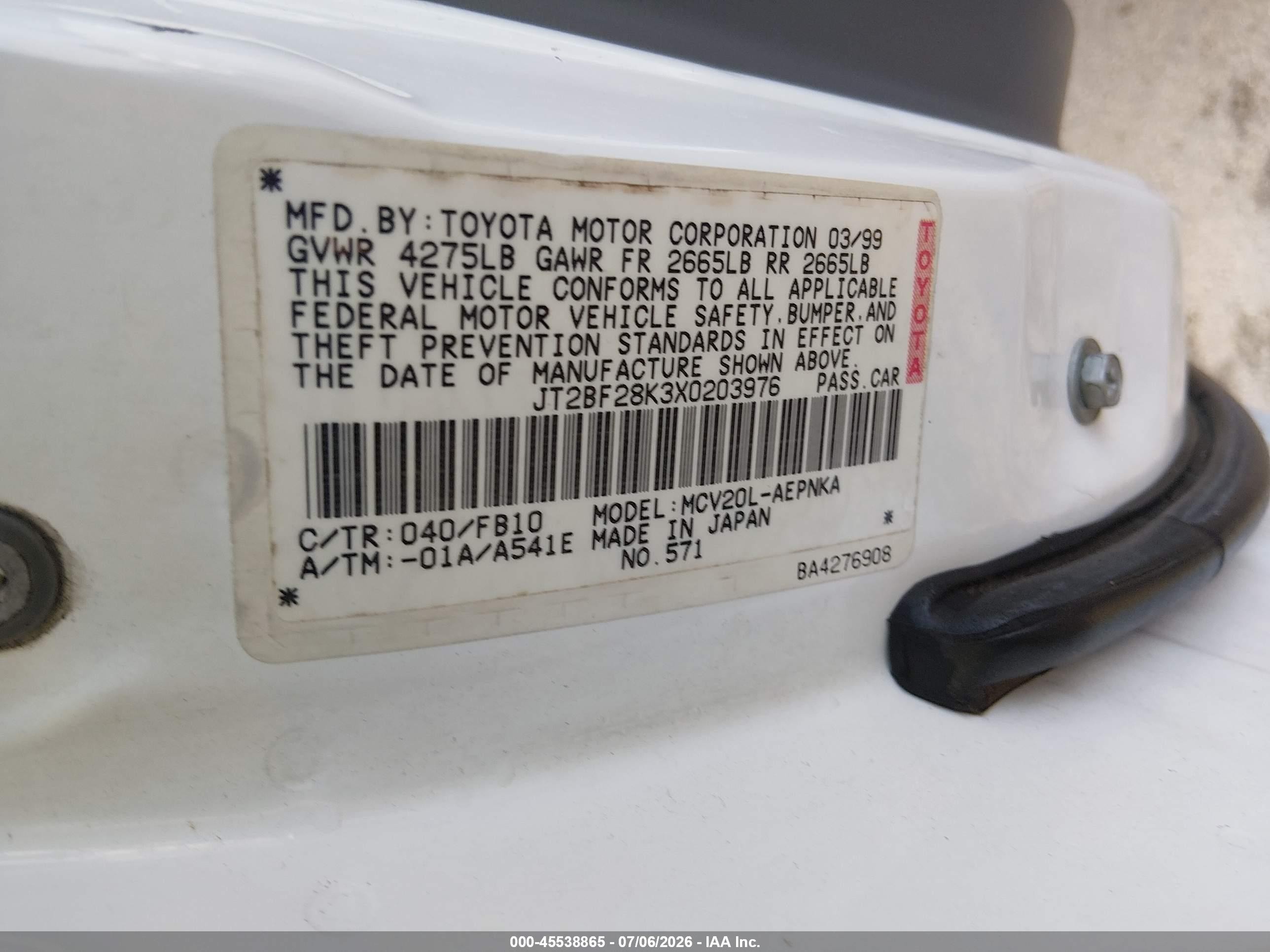 1999 Toyota Camry Le V6 White vin: JT2BF28K3X0203976