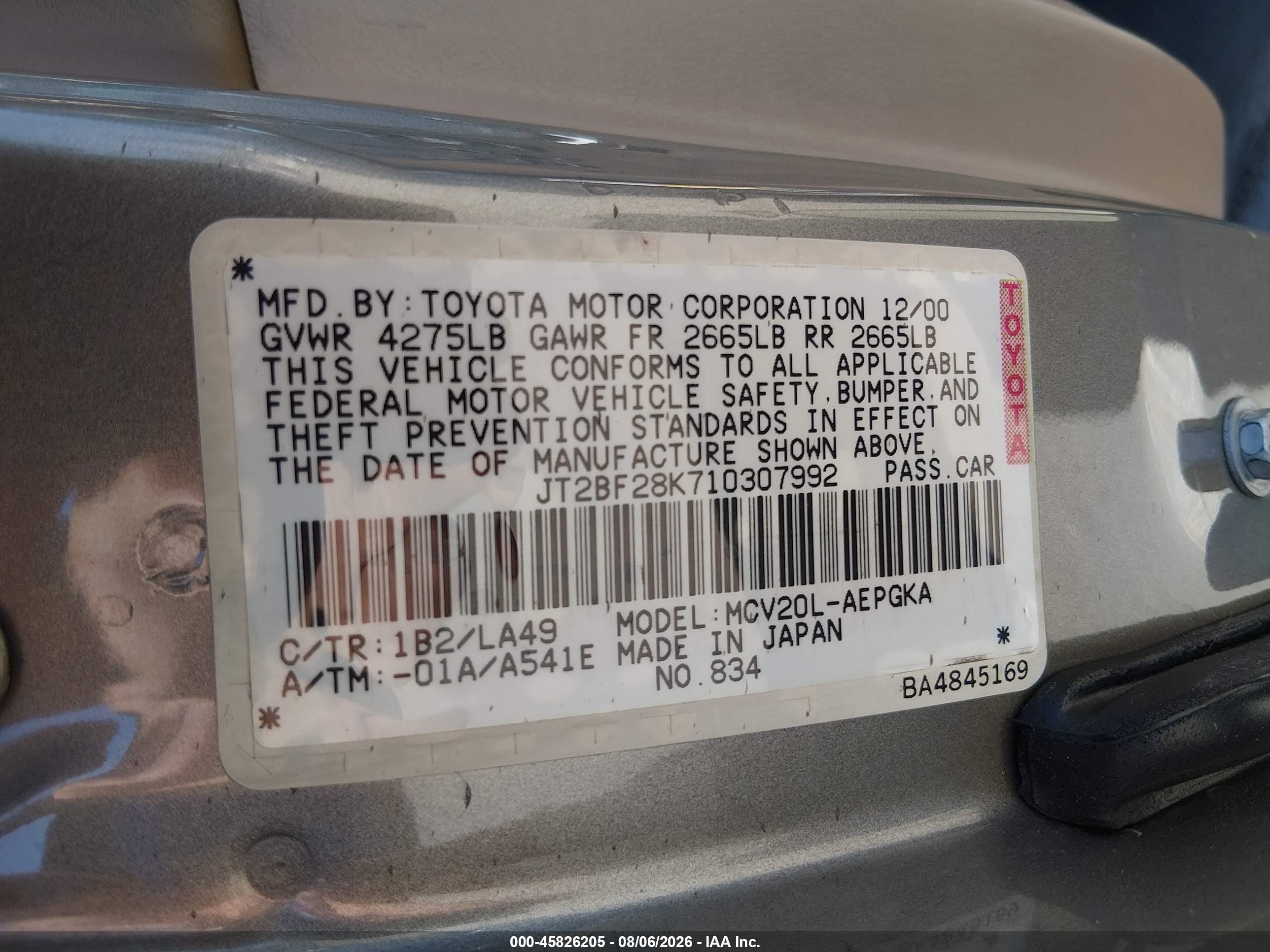 2001 Toyota Camry Xle V6 Бежевый vin: JT2BF28K710307992