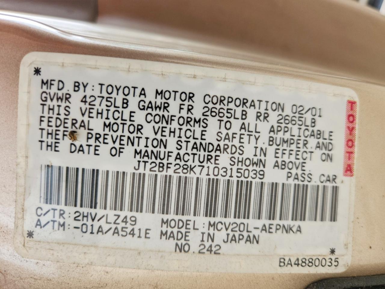 2001 Toyota Camry Le V6 Beige vin: JT2BF28K710315039