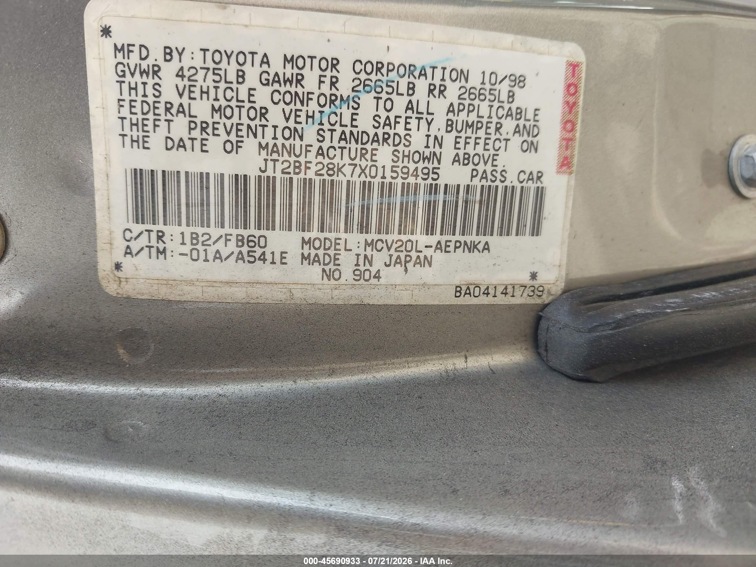 1999 Toyota Camry Le V6 Gold vin: JT2BF28K7X0159495