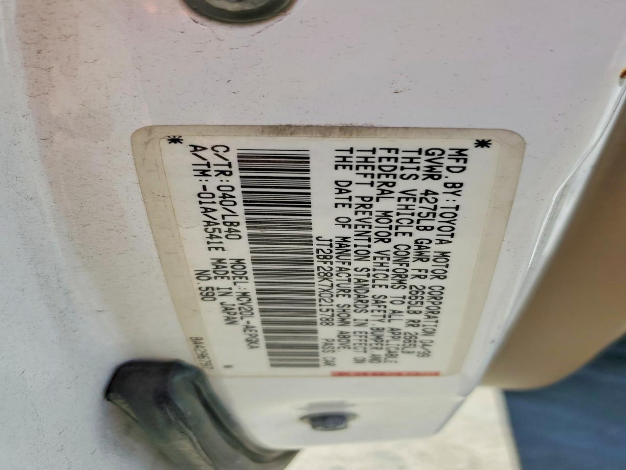 1999 Toyota Camry Xle V6 White vin: JT2BF28K7X0215788