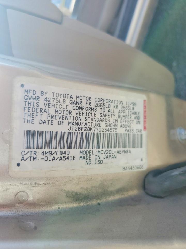 2000 Toyota Camry Le V6 Silver vin: JT2BF28K7Y0254575