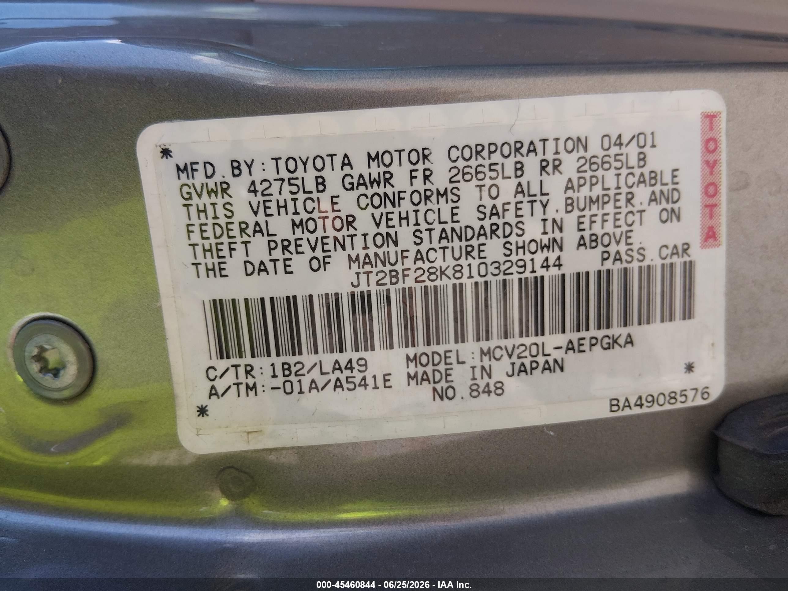 2001 Toyota Camry Xle V6 Gold vin: JT2BF28K810329144
