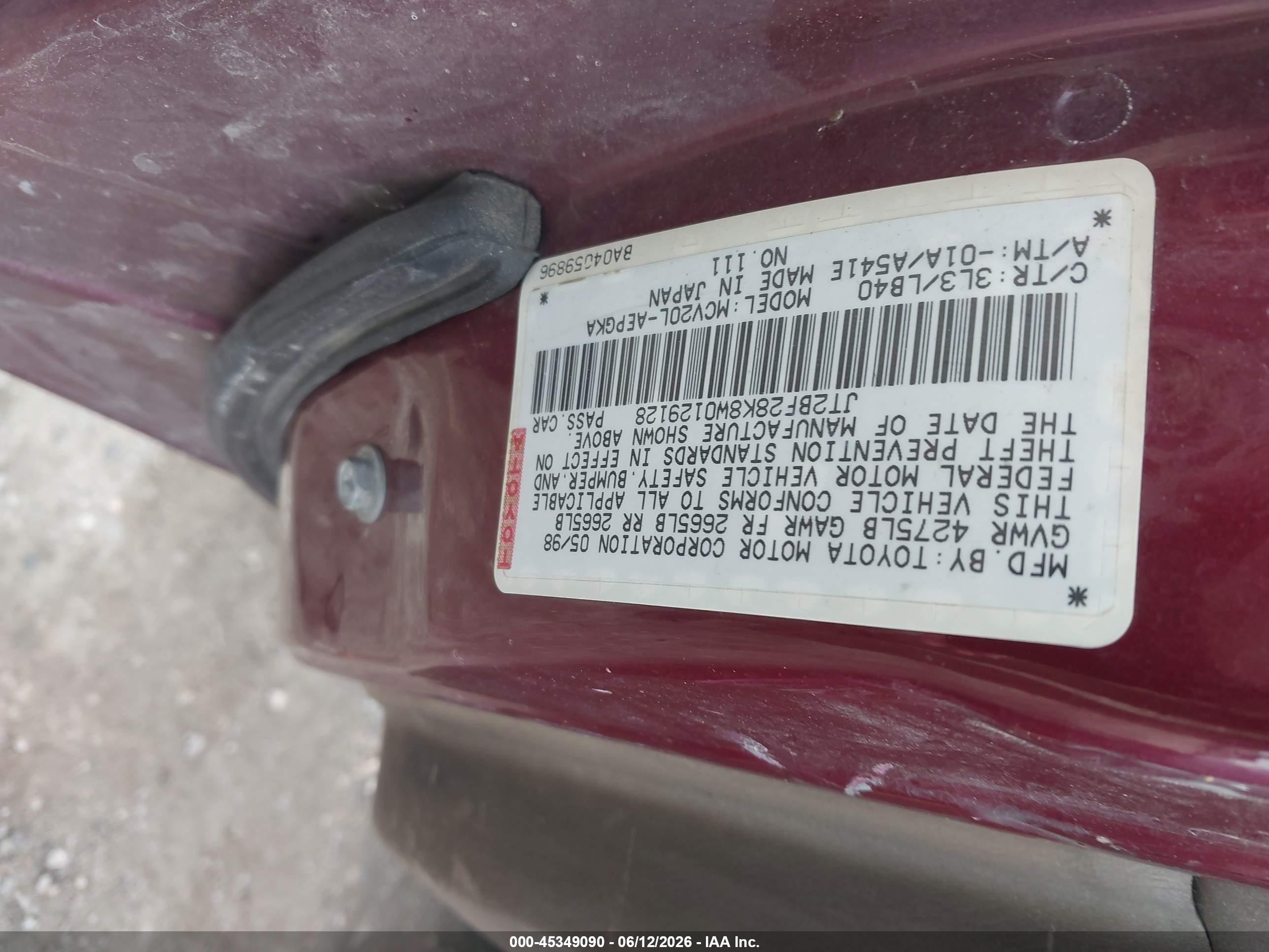 1998 Toyota Camry Xle V6 Maroon vin: JT2BF28K8W0129128