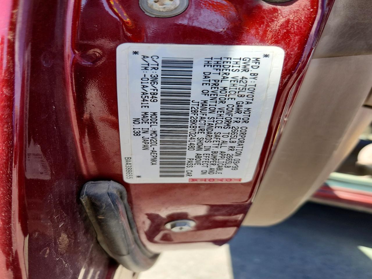 2000 Toyota Camry Красный vin: JT2BF28K8Y0241480