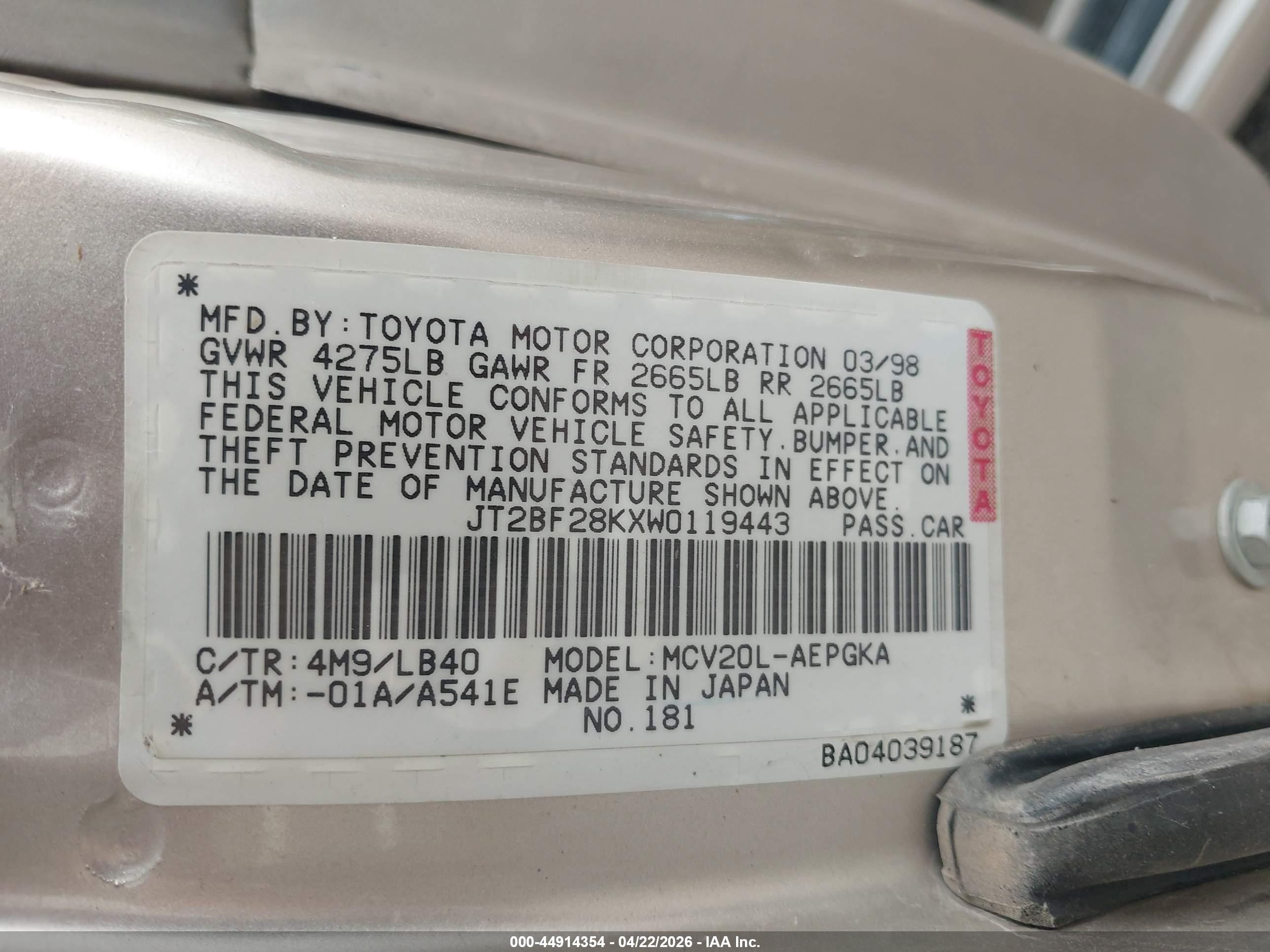 1998 Toyota Camry Xle V6 Champagne vin: JT2BF28KXW0119443