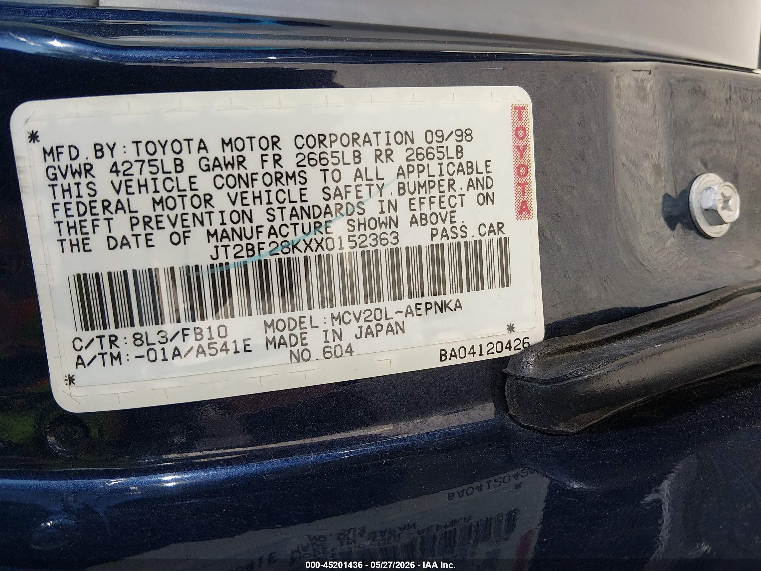 1999 Toyota Camry Le V6/xle V6 Синий vin: JT2BF28KXX0152363