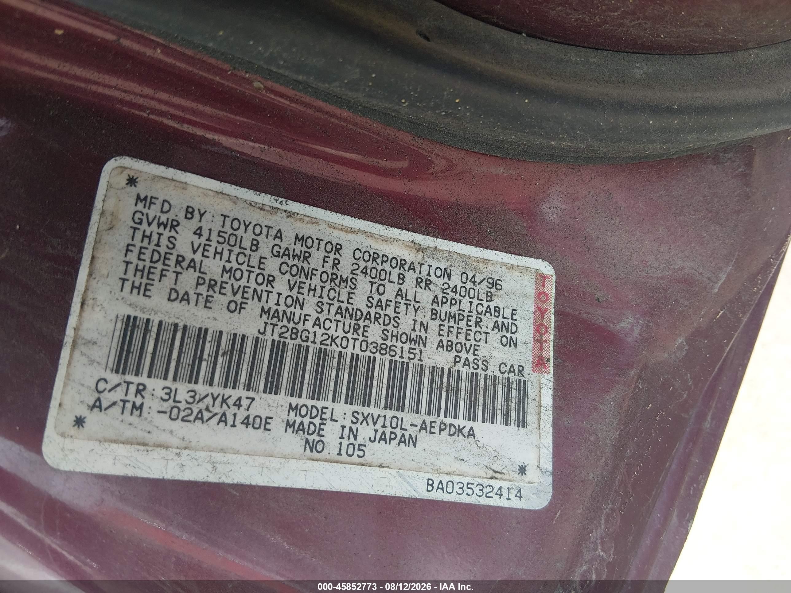 1996 Toyota Camry Dx/le/xle Red vin: JT2BG12K0T0386151