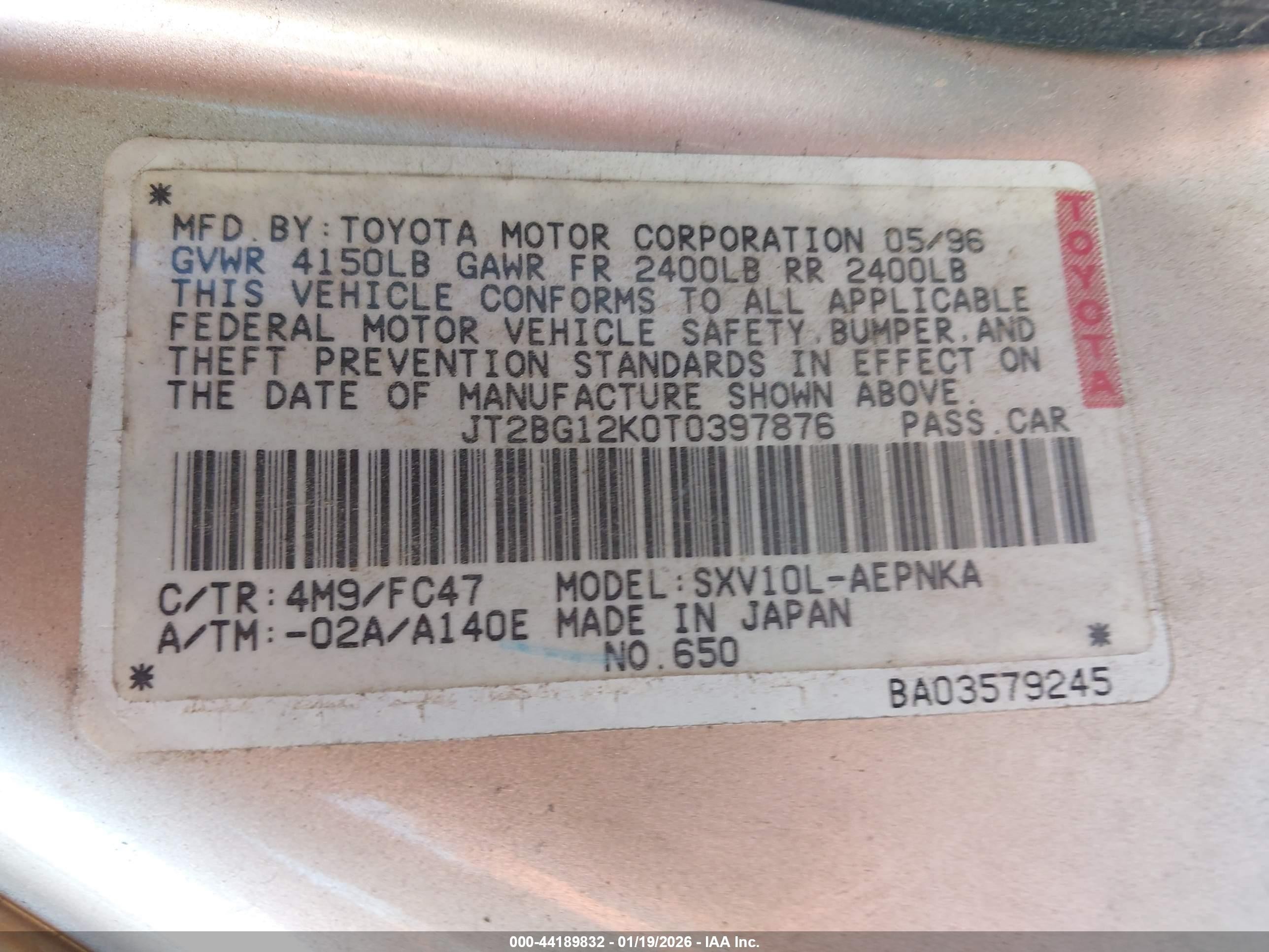 1996 Toyota Camry Dx/le/xle Gold vin: JT2BG12K0T0397876