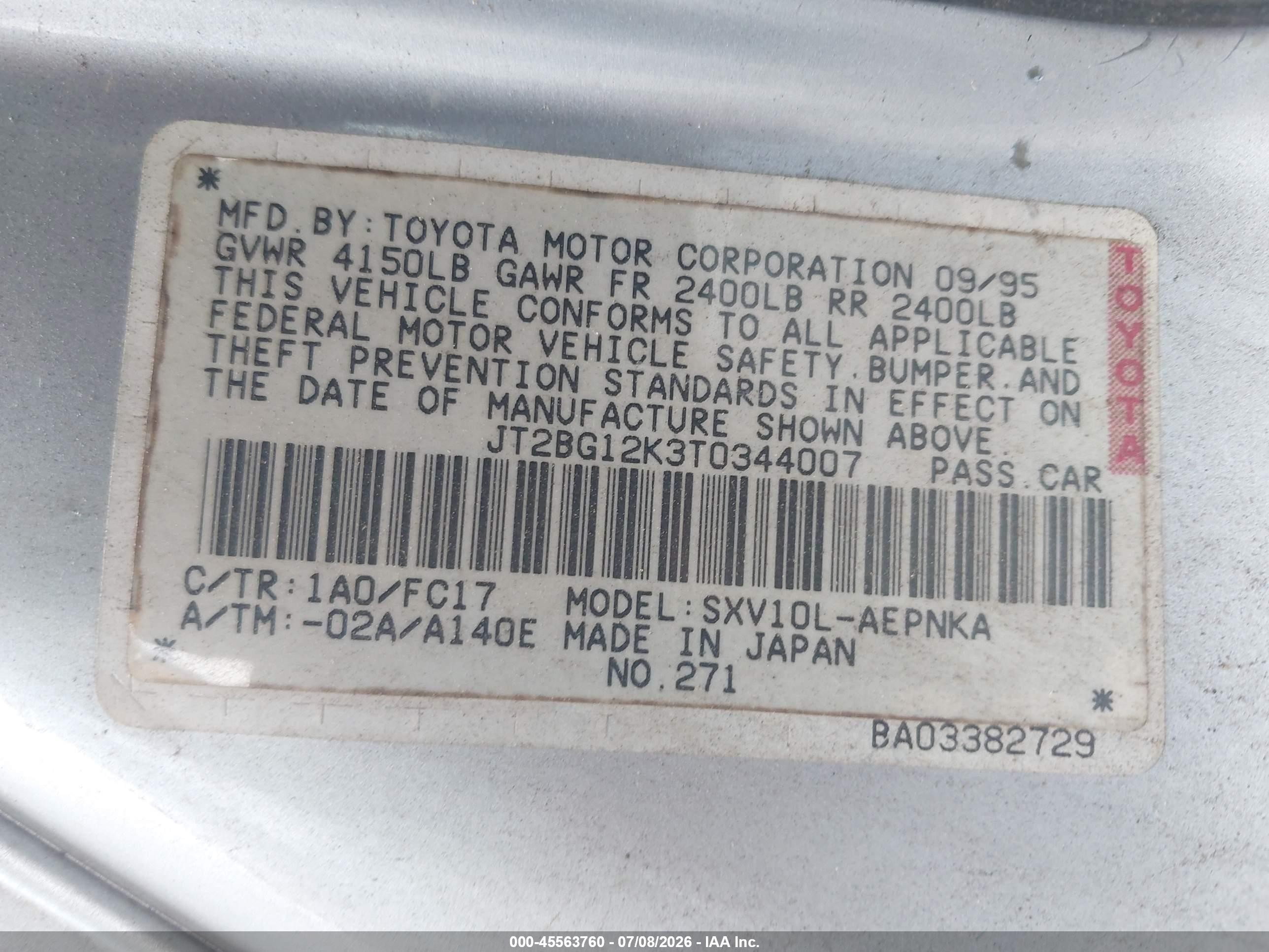 1996 Toyota Camry Dx/le/xle Light Blue vin: JT2BG12K3T0344007