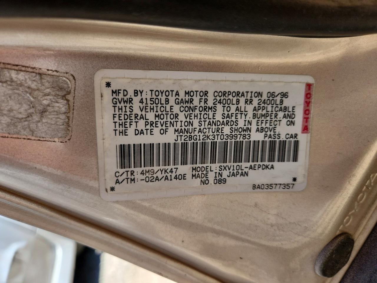 1996 Toyota Camry Dx Tan vin: JT2BG12K3T0399783