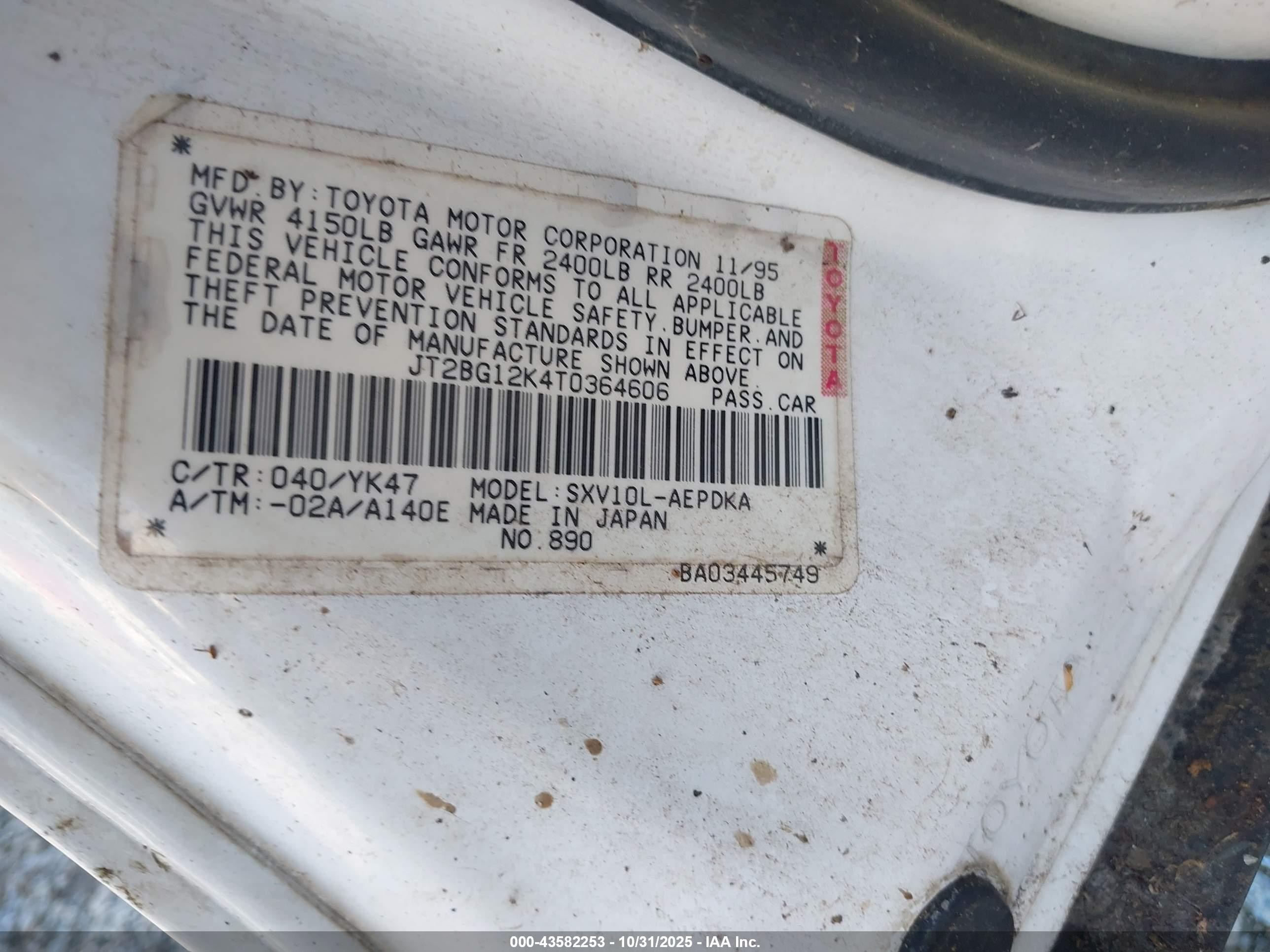 1996 Toyota Camry Dx/le/xle White vin: JT2BG12K4T0364606