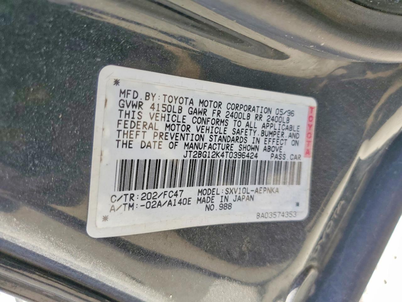 1996 Toyota Camry Le Black vin: JT2BG12K4T0396424