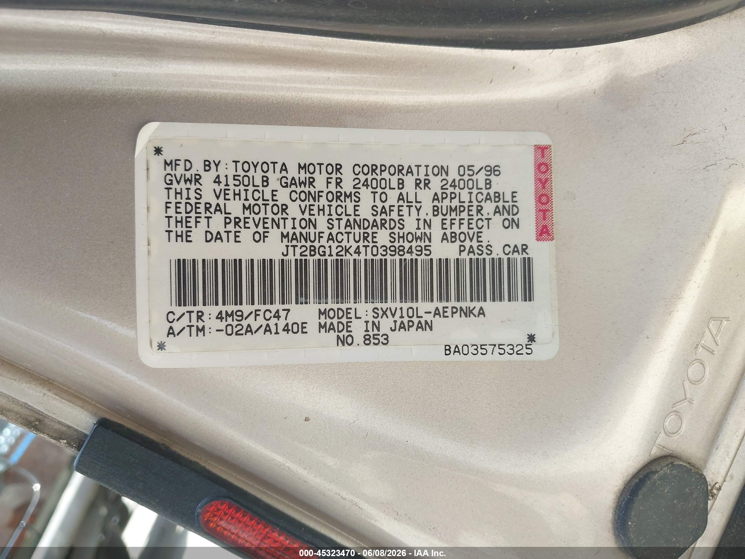 1996 Toyota Camry Dx/le/xle Silver vin: JT2BG12K4T0398495