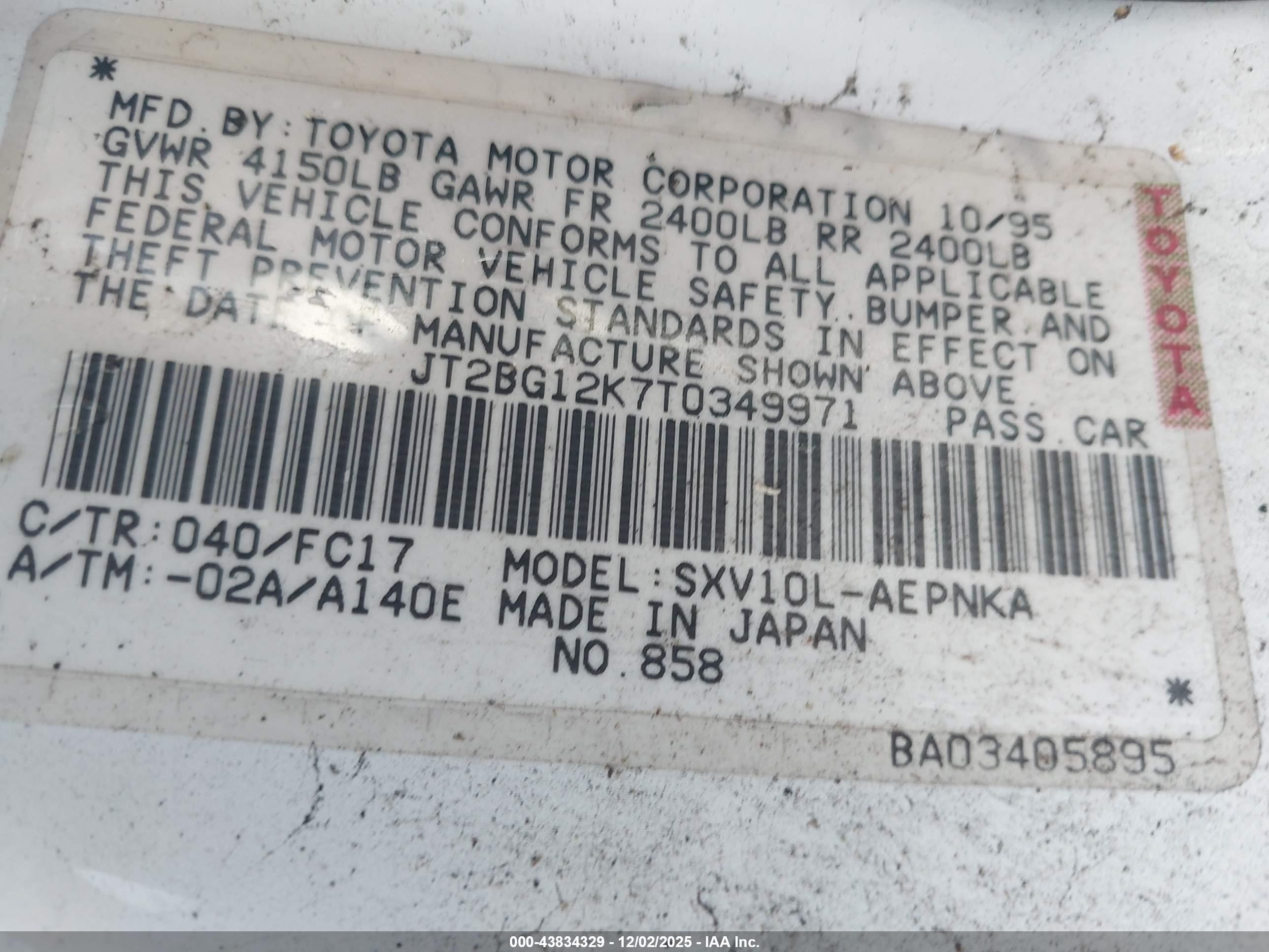 1996 Toyota Camry Dx/le/xle White vin: JT2BG12K7T0349971