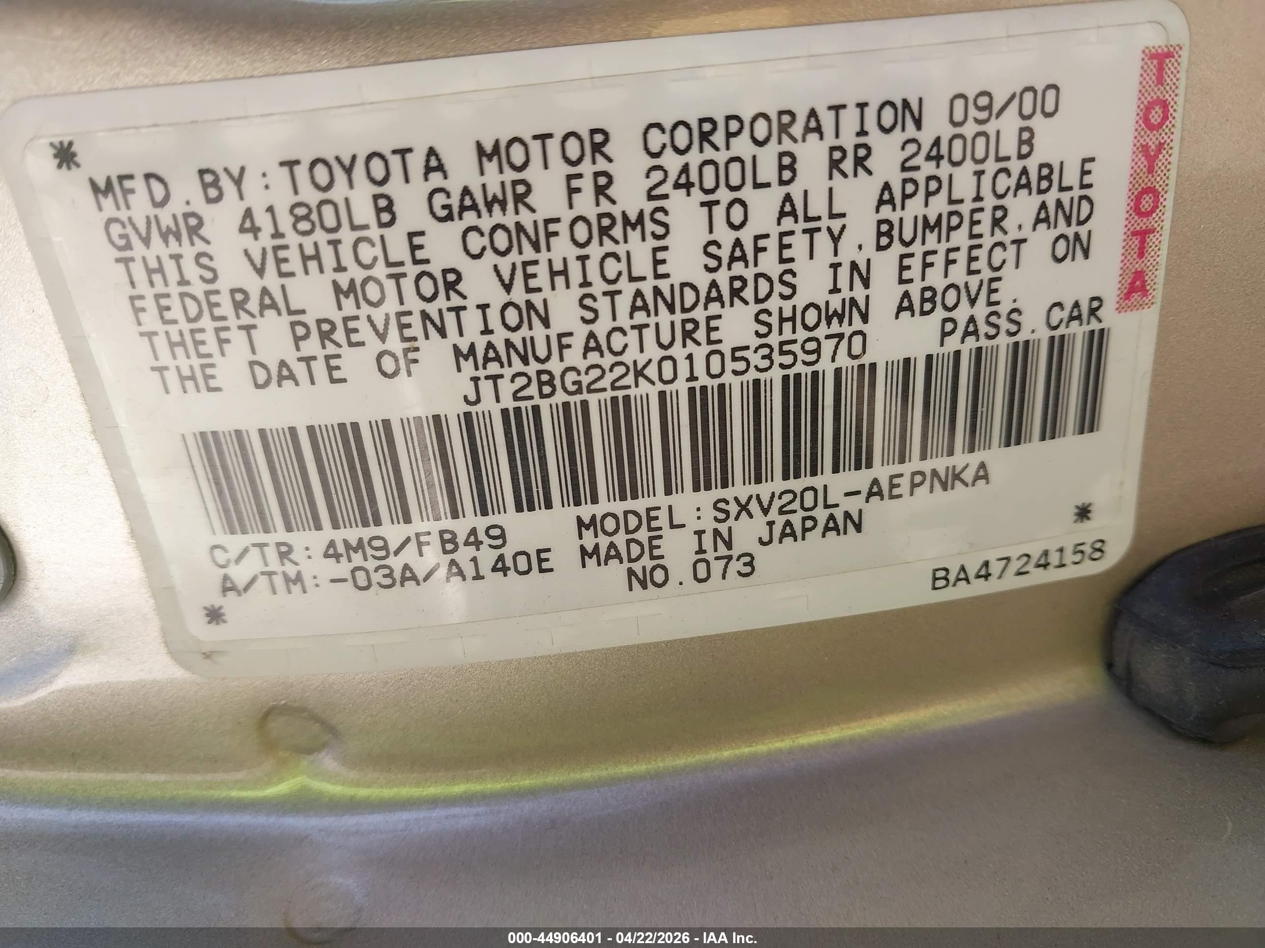 2001 Toyota Camry Le Gold vin: JT2BG22K010535970