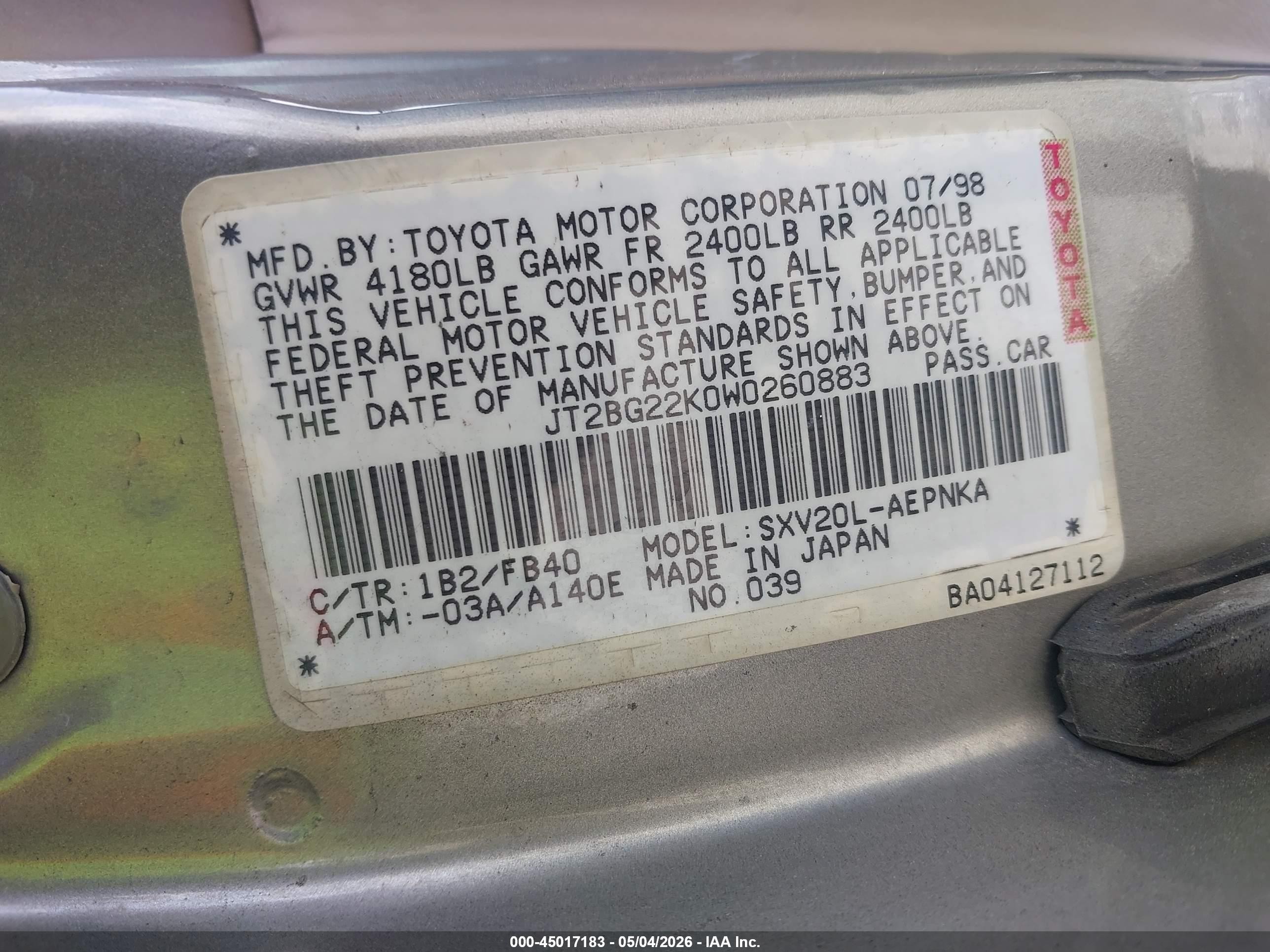 1998 Toyota Camry Le Gray vin: JT2BG22K0W0260883
