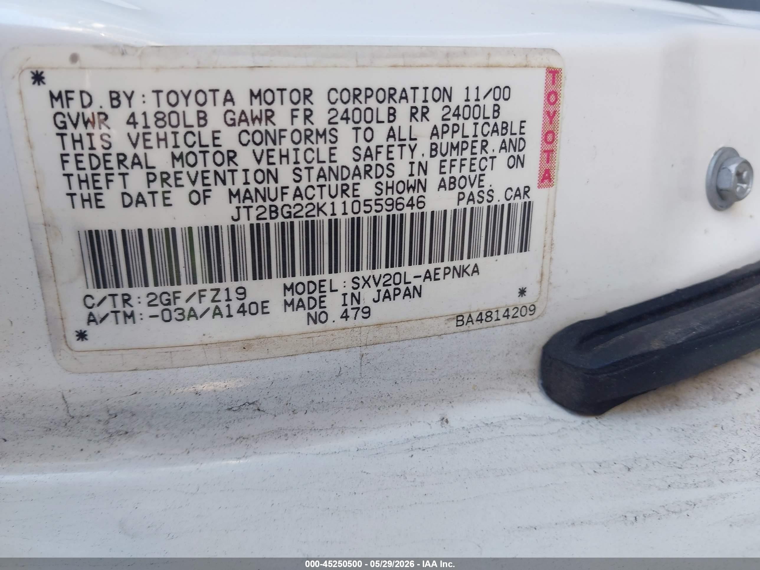 2001 Toyota Camry Le White vin: JT2BG22K110559646