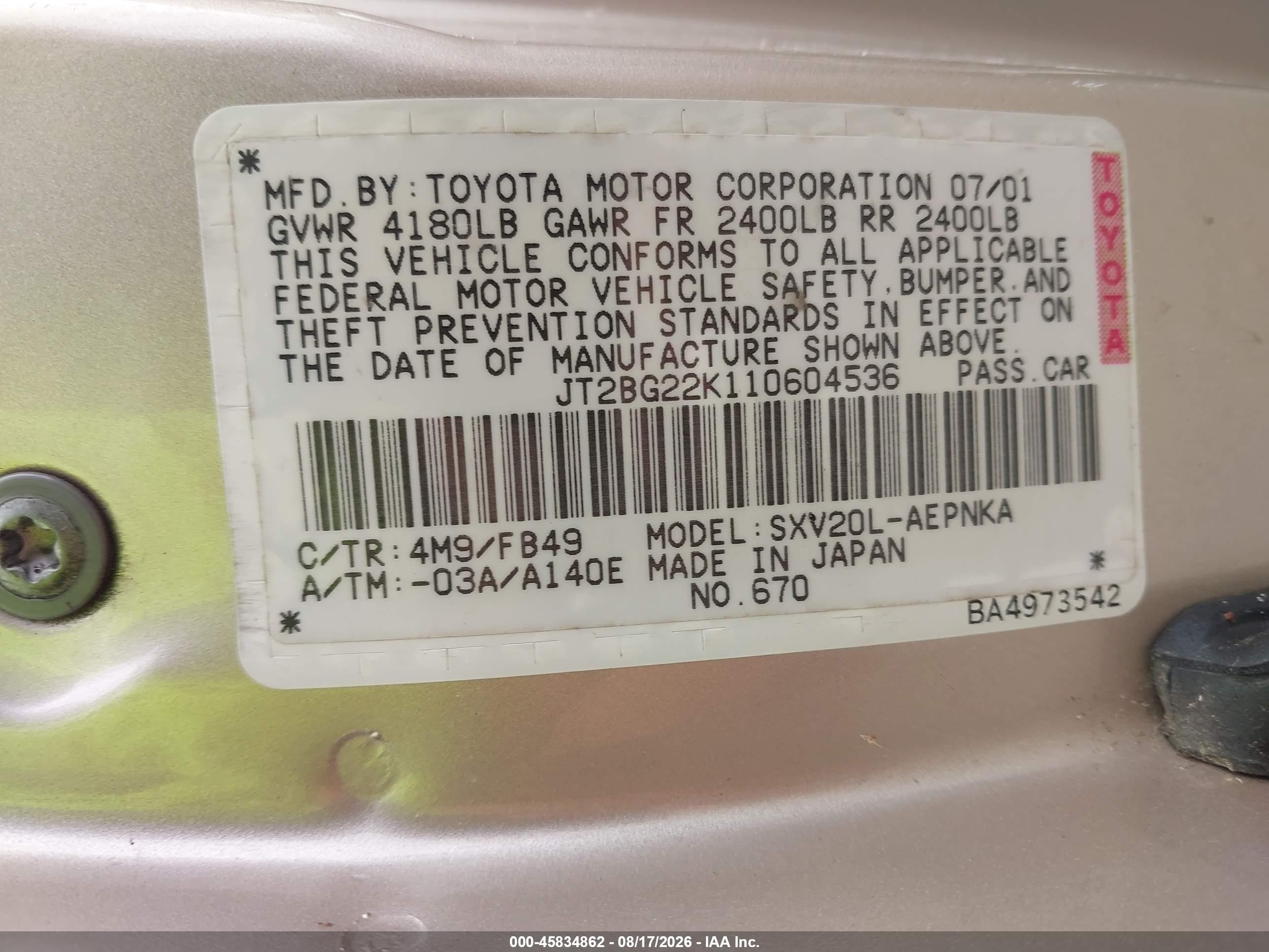 2001 Toyota Camry Le Gold vin: JT2BG22K110604536
