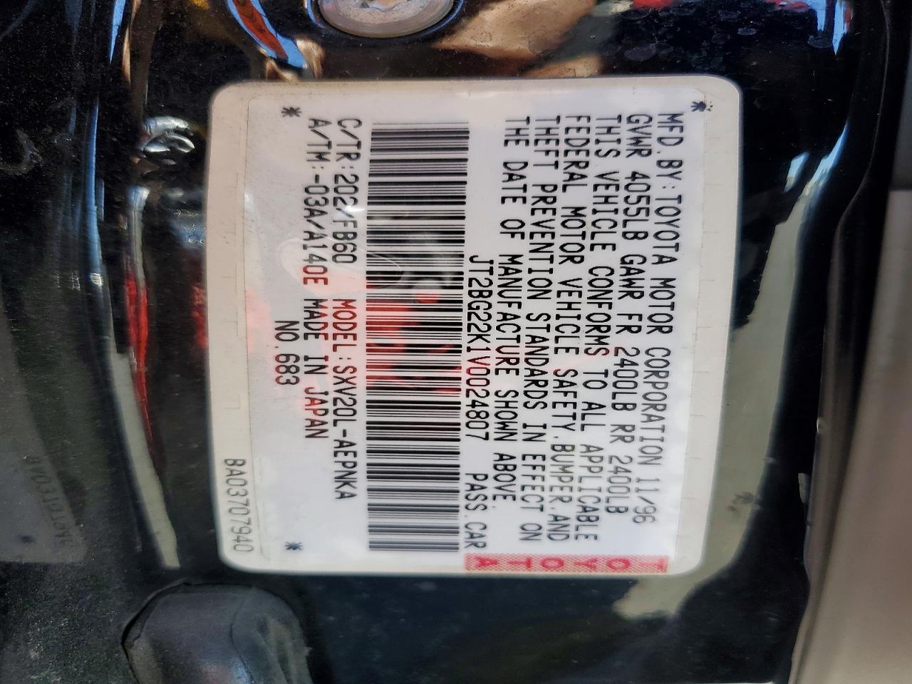 1997 Toyota Camry Le Black vin: JT2BG22K1V0024807