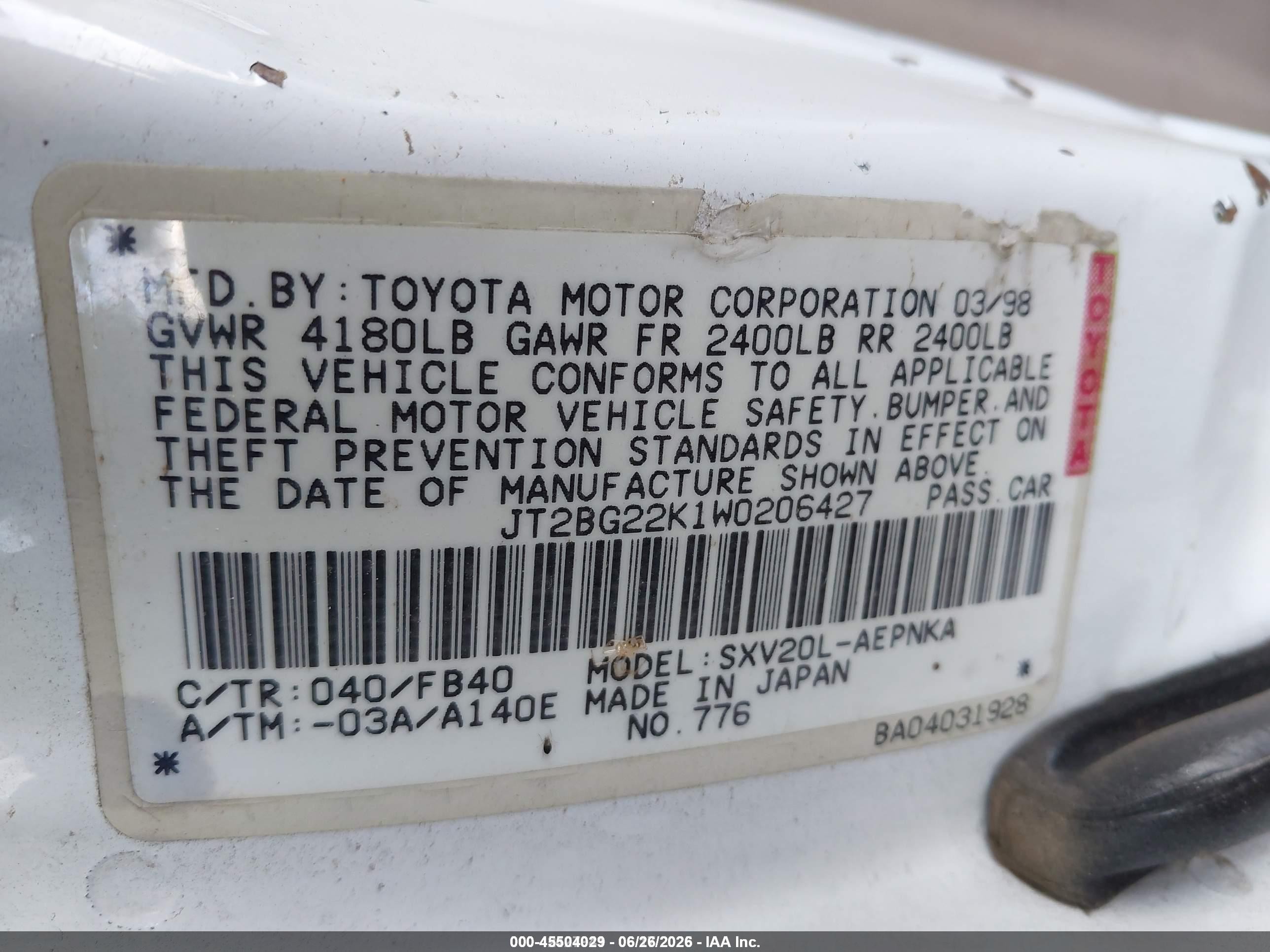 1998 Toyota Camry Le White vin: JT2BG22K1W0206427