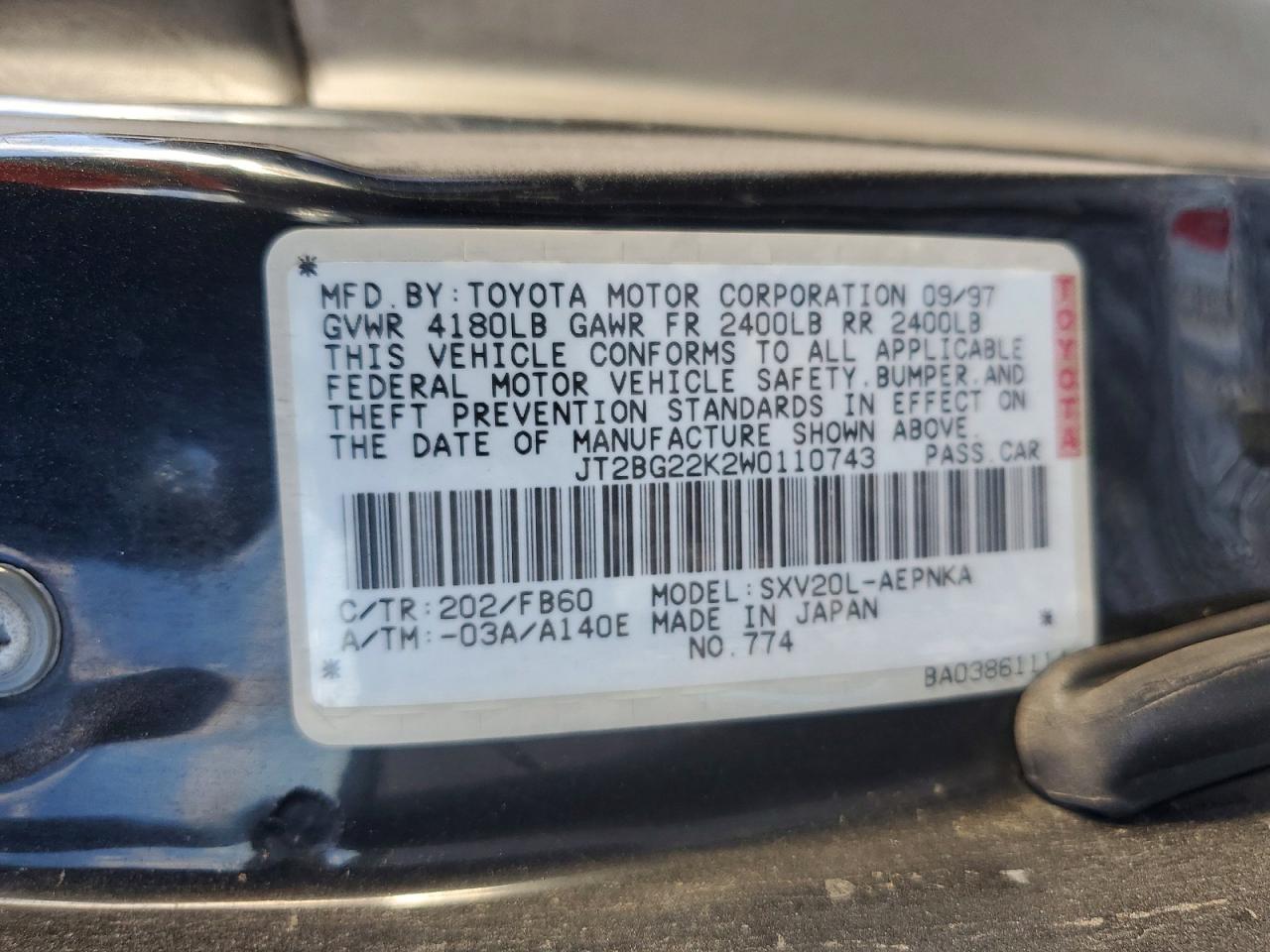 1998 Toyota Camry Le Black vin: JT2BG22K2W0110743