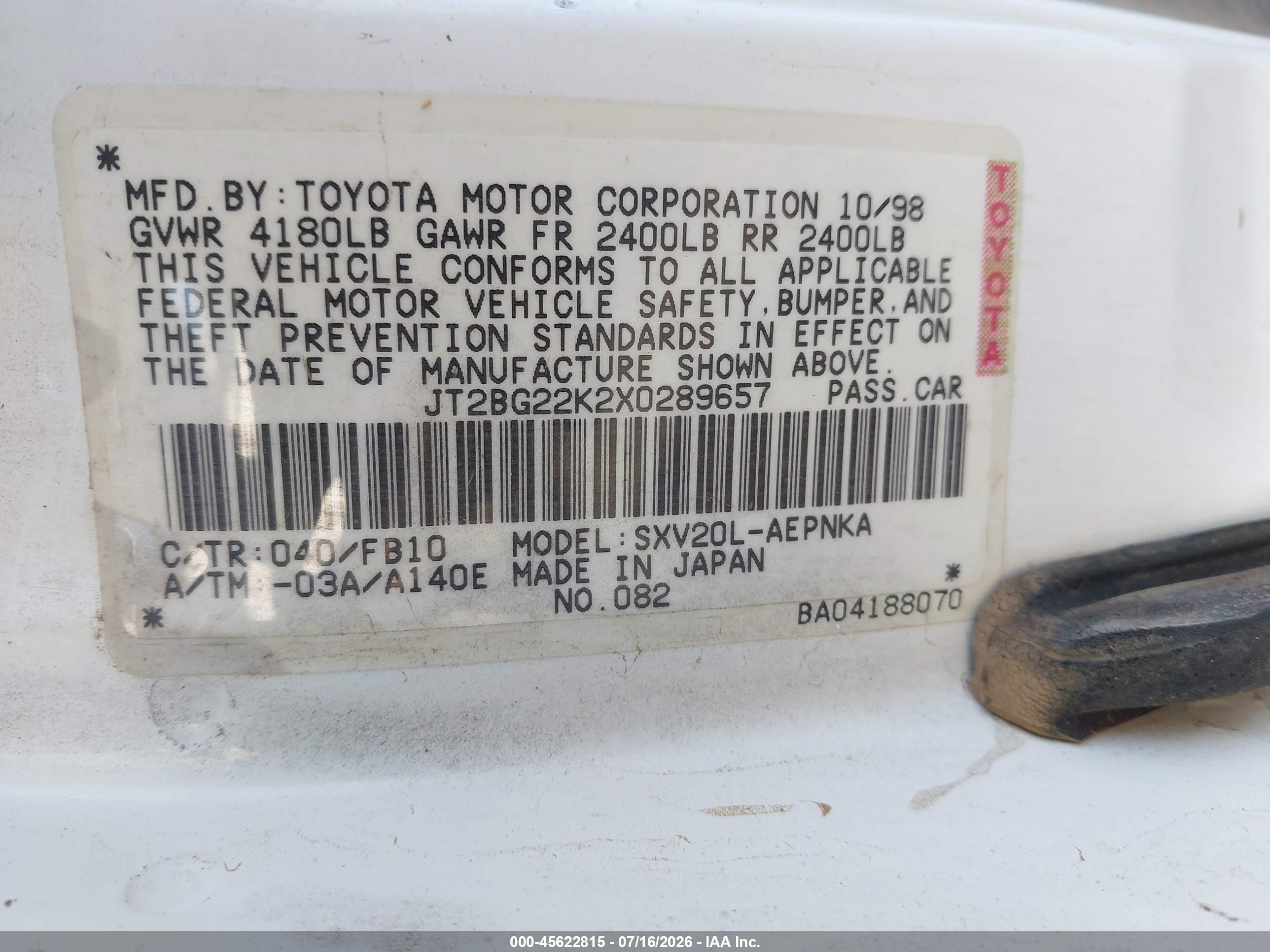 1999 Toyota Camry Le White vin: JT2BG22K2X0289657