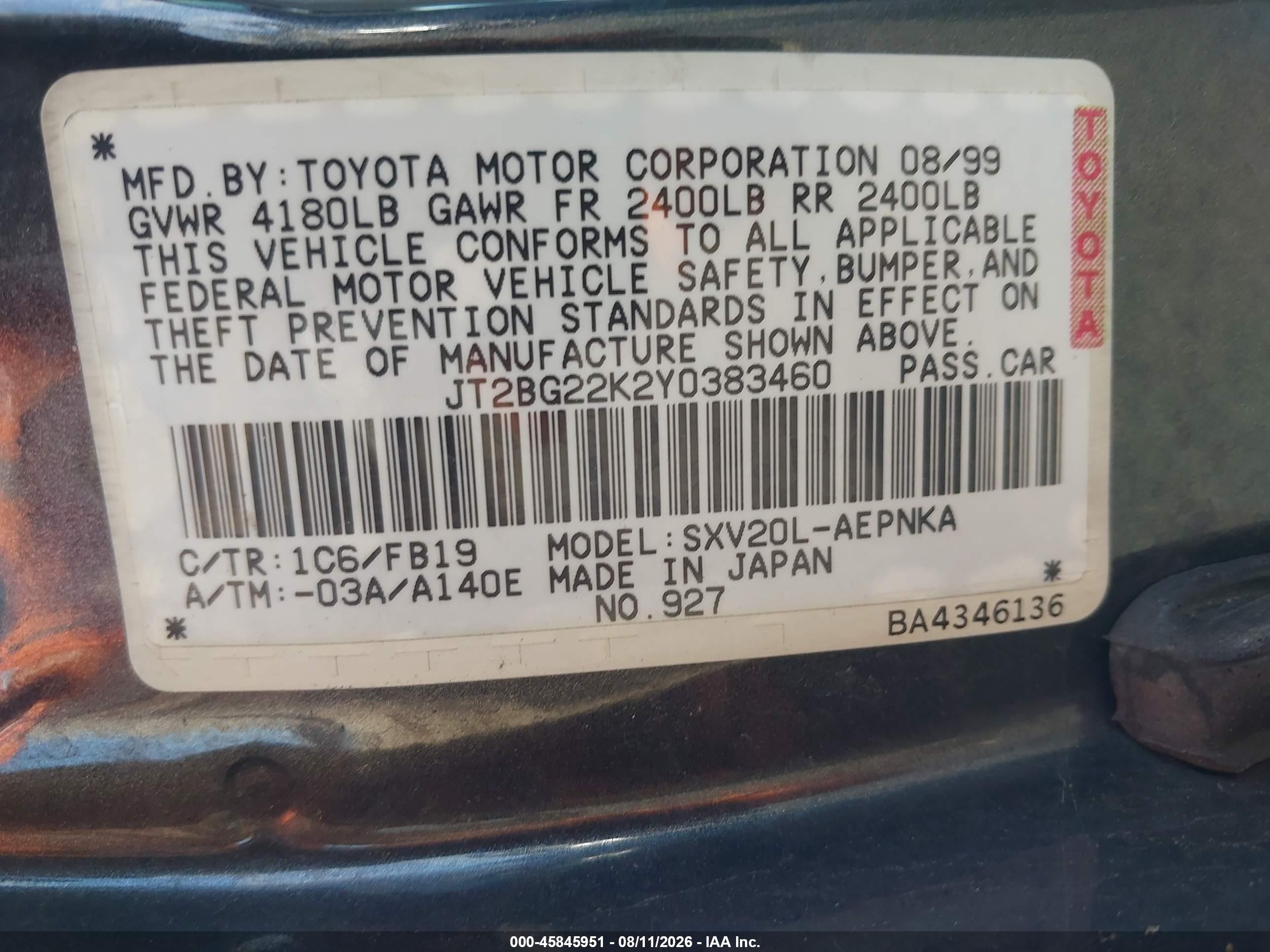 2000 Toyota Camry Le Gray vin: JT2BG22K2Y0383460