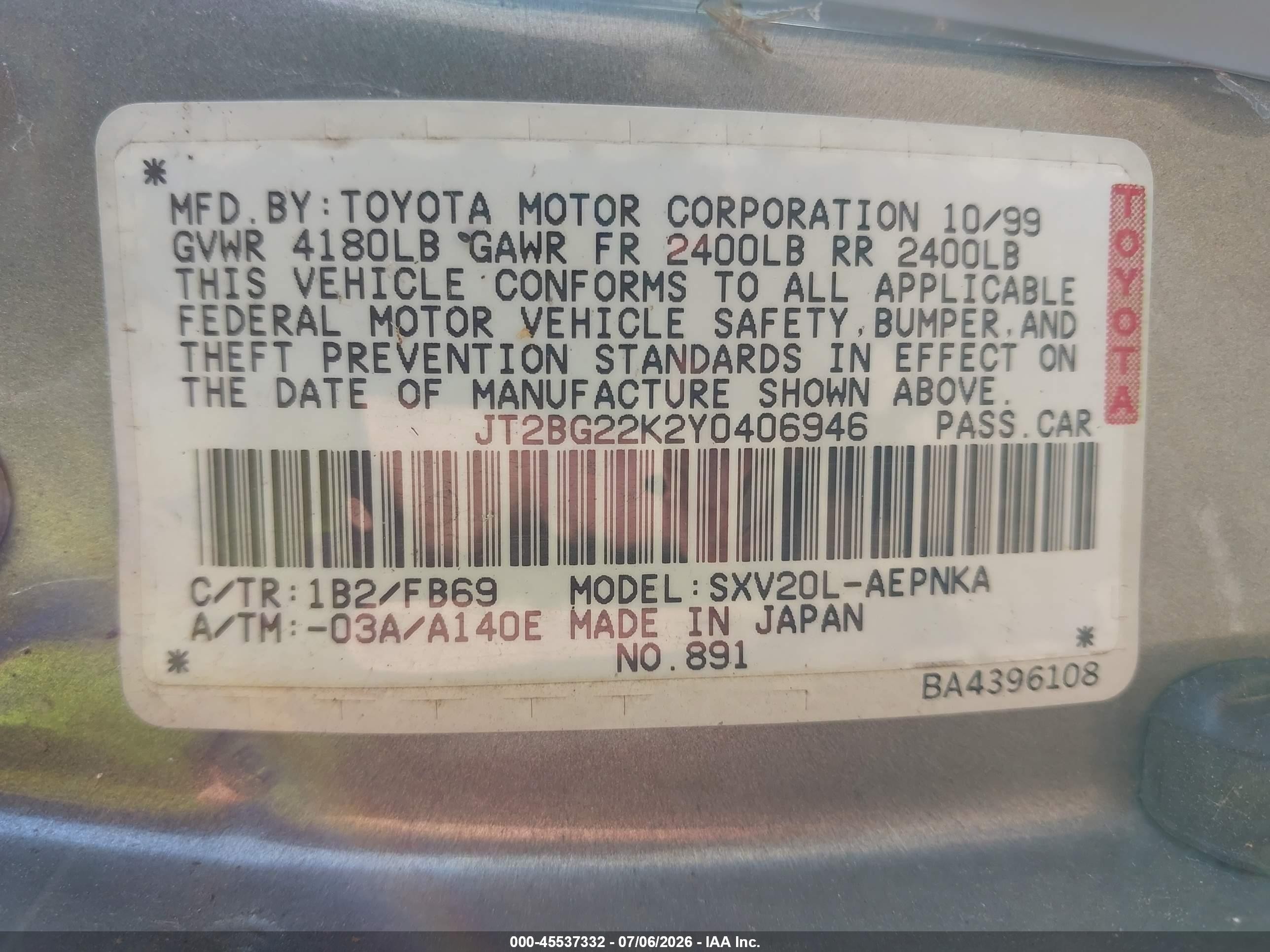 2000 Toyota Camry Le Silver vin: JT2BG22K2Y0406946