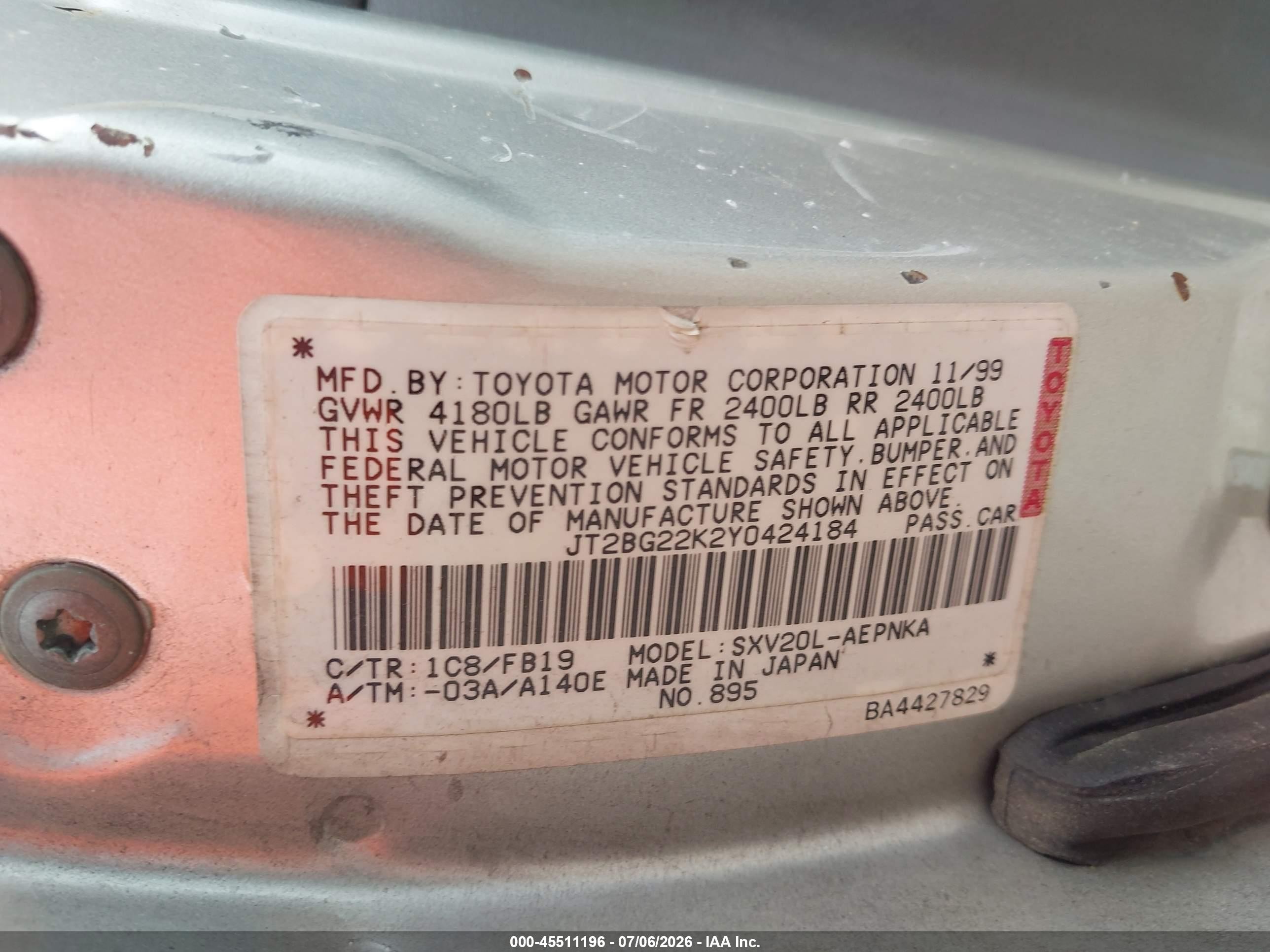 2000 Toyota Camry Le Silver vin: JT2BG22K2Y0424184