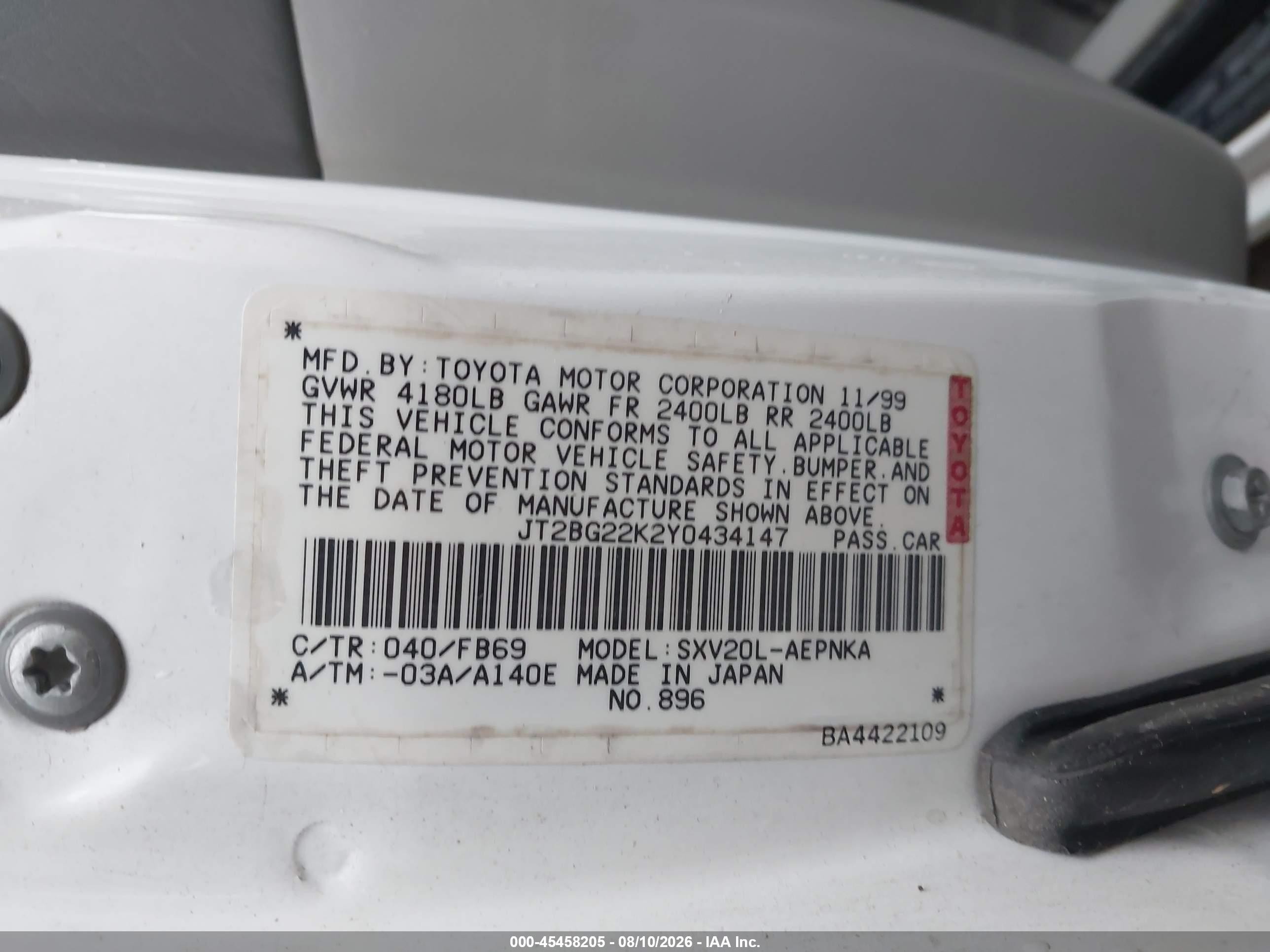 2000 Toyota Camry Le White vin: JT2BG22K2Y0434147
