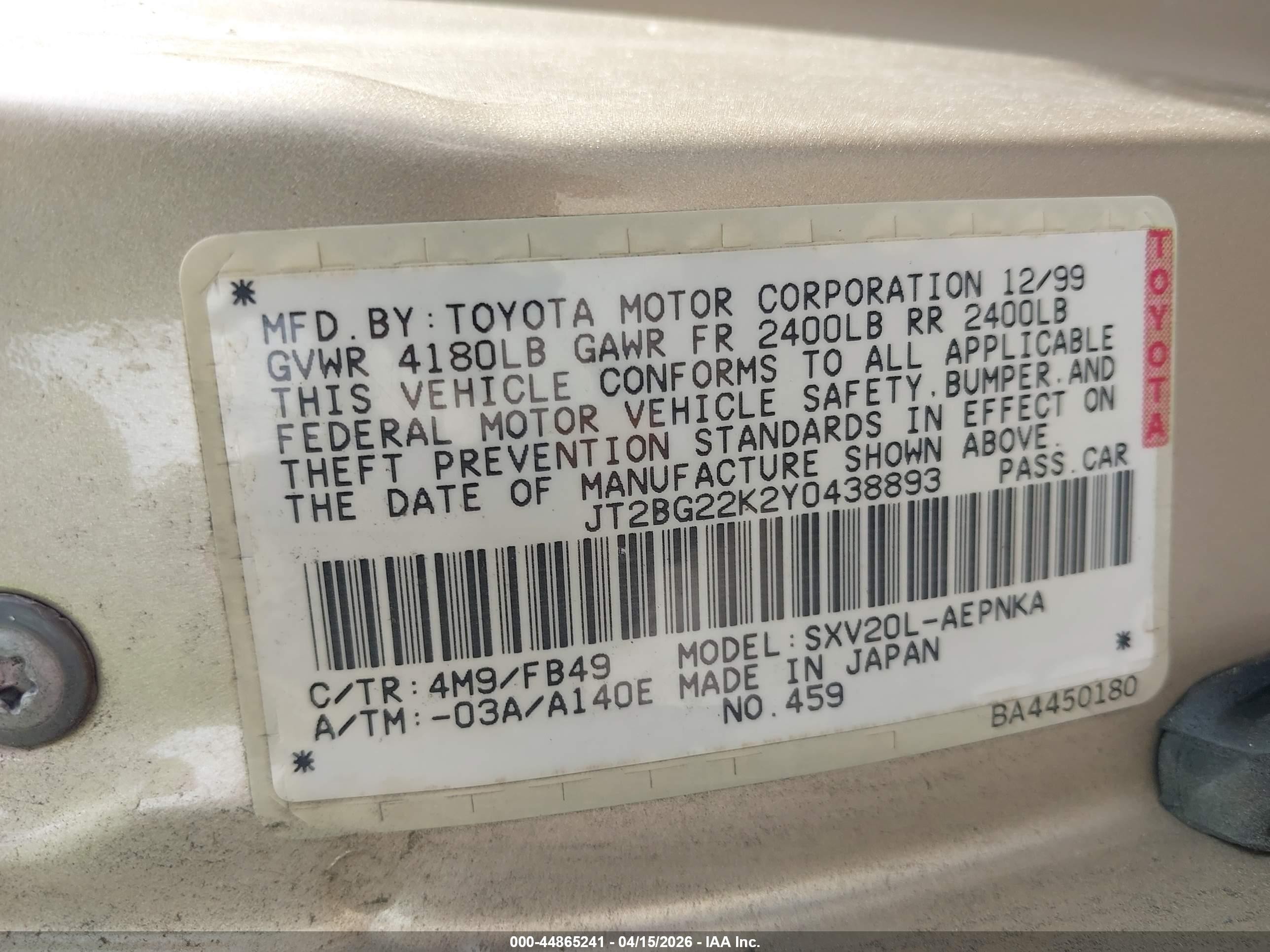 2000 Toyota Camry Le Tan vin: JT2BG22K2Y0438893